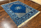 Vintage Moroccan Rug 5.6 x 7.6, Blue and Ivory Area Rug, Hand-Knotted Oriental Carpet, Geometric Medallion Open Field, Soft Wool Rug, Nice - Jewel Rugs