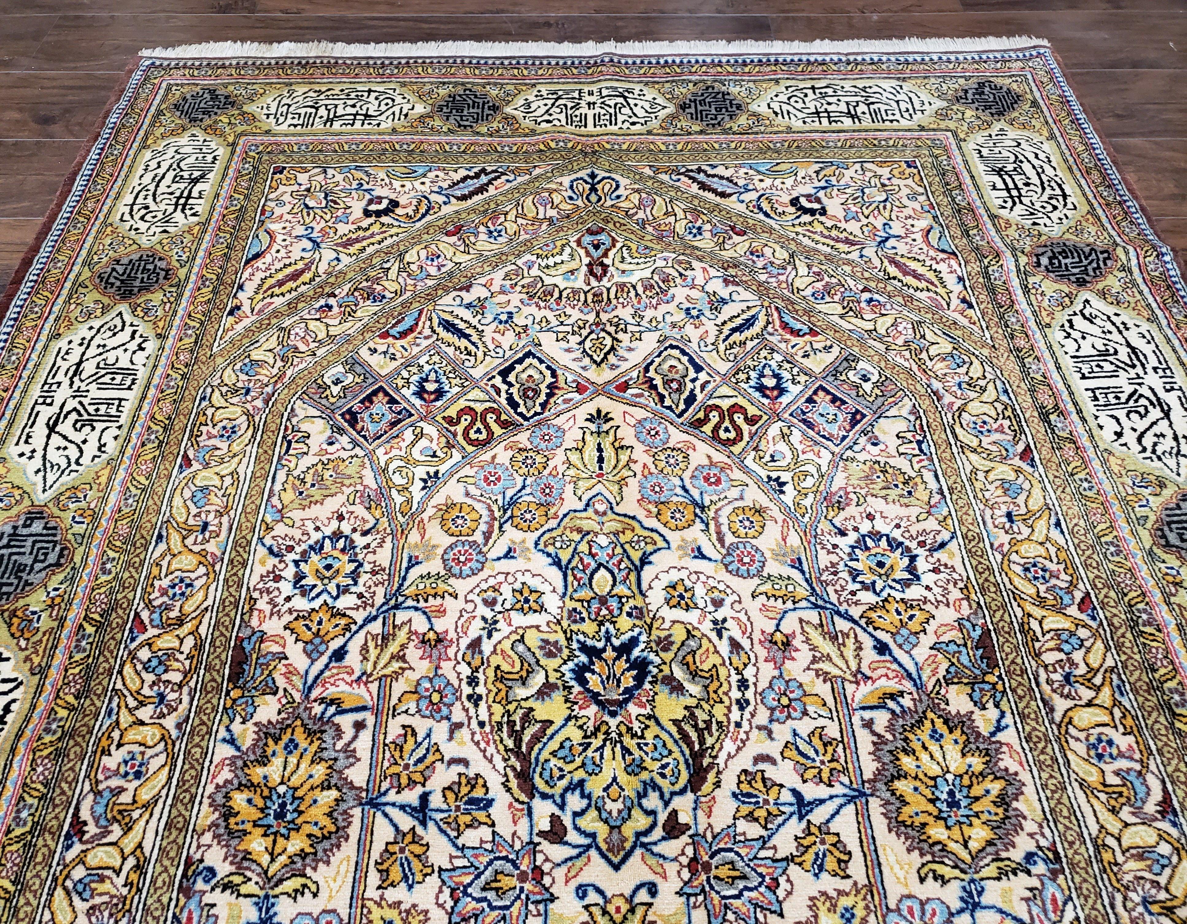 Stunning Persian Qum Rug 5x9, Poetic Writing In Borders, Highly Detailed Handmade Antique Carpet 5'3" x 8'6", Cream Gold Blue, Kork Wool - Jewel Rugs