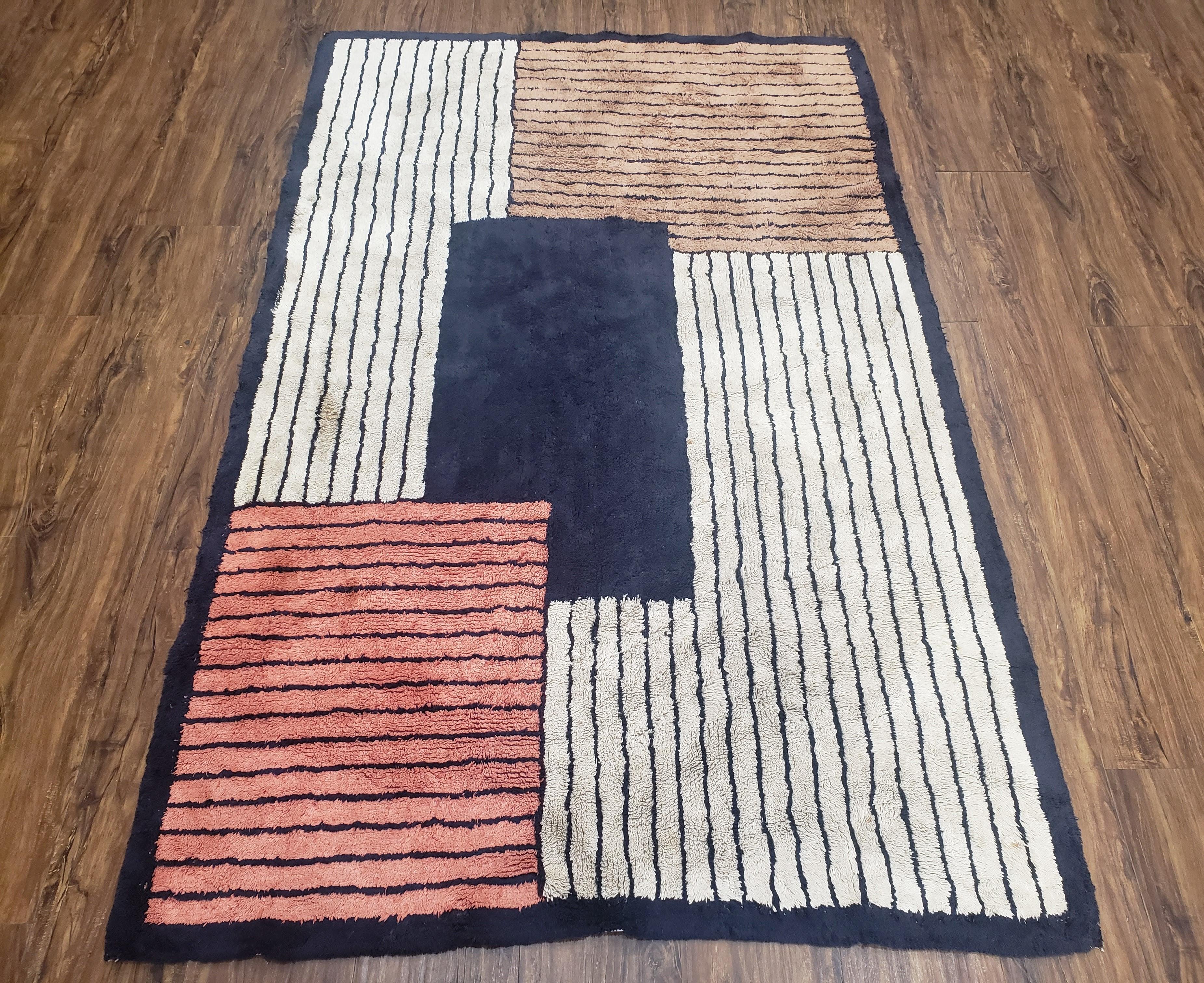 Vintage German Shag Rug 4x6, Small Geometric Abstract Design Hooked Carpet, Ivory Black & Blush Red, Foyer Room Rug Entryway Rug Bedroom Rug - Jewel Rugs