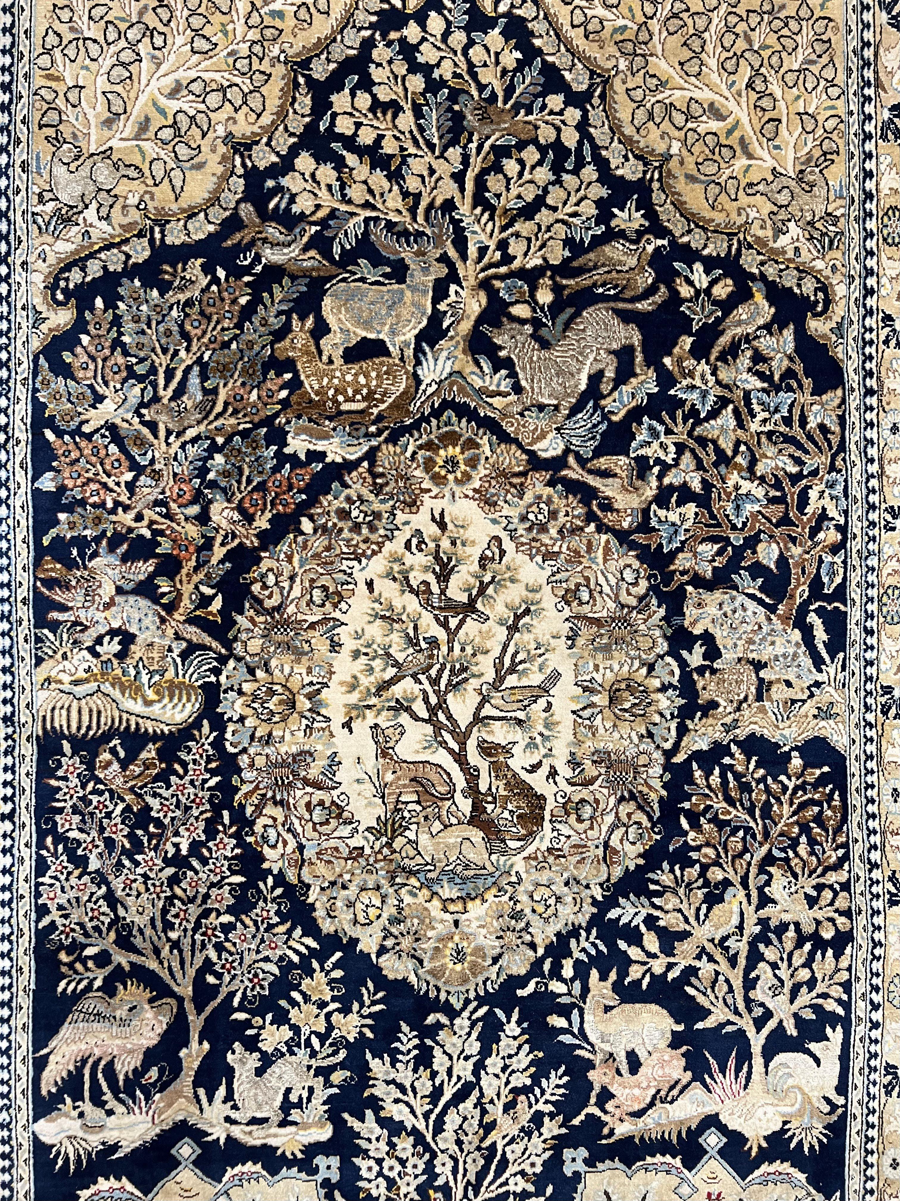 Wonderful Persian Qum Rug 6x9, Animal Pictorials, Tree of Life, Deer Birds, Hand Knotted Oriental Ghom Carpet, Semi Antique Vintage, Navy Blue Green - Jewel Rugs