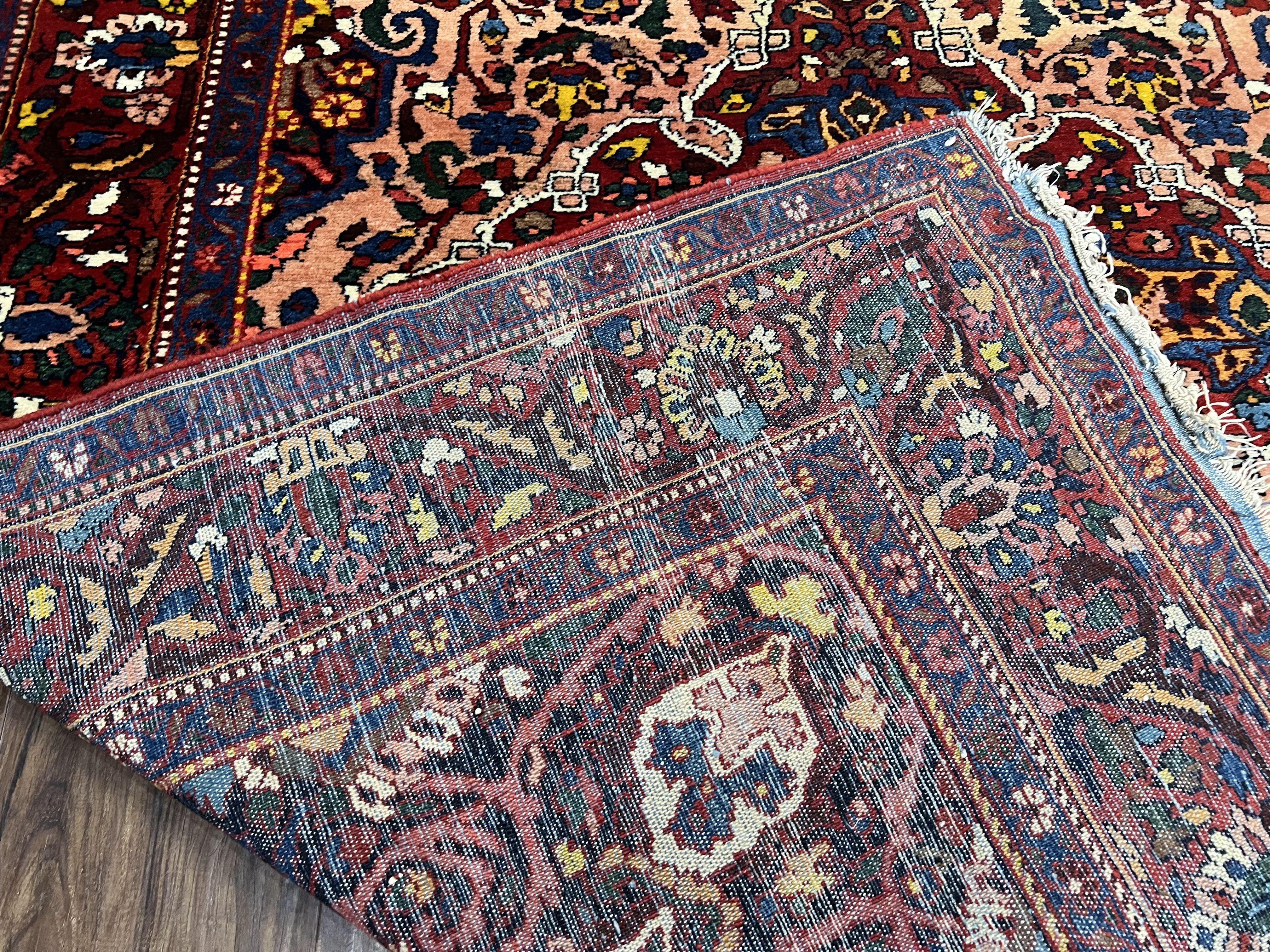 Antique Persian Bakhtiari Rug 5x6 ft, Village Rug, Vegetable Dyed, Red Midnight Blue Gold Tan, Hand Knotted Wool Carpet, Floral Medallion - Jewel Rugs