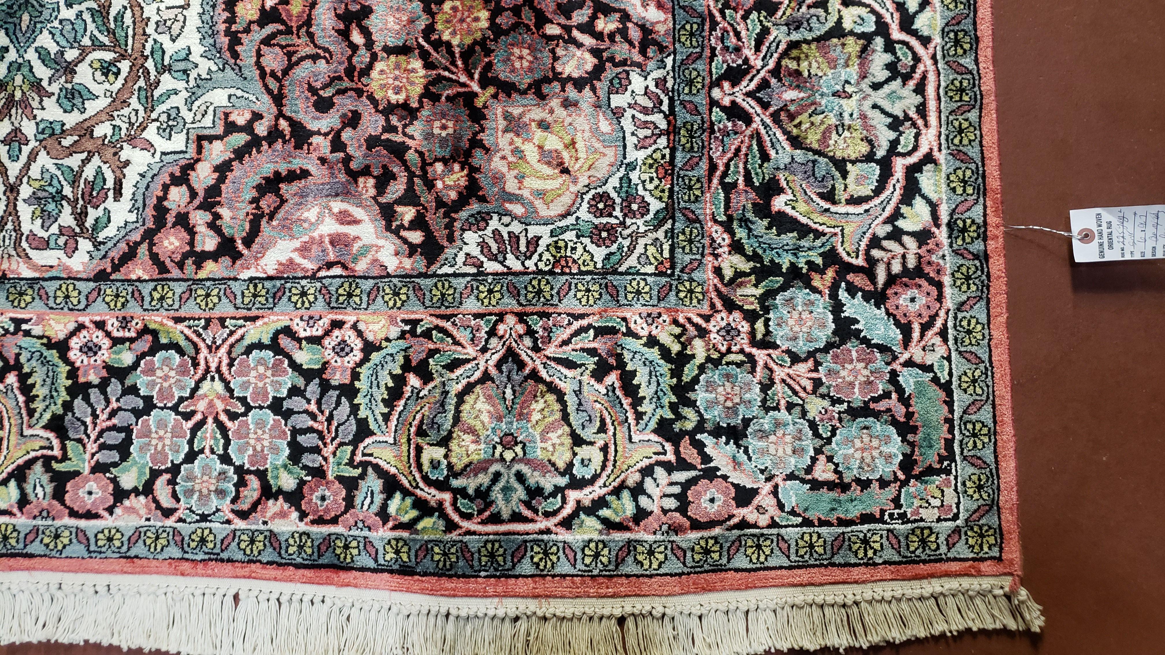 Wonderful Indian Kashmiri Silk Rug 6x10 Fine Silk Oriental Carpet, Handmade Vintage Floral Allover Medallion Rug, Ivory Black Multicolor - Jewel Rugs