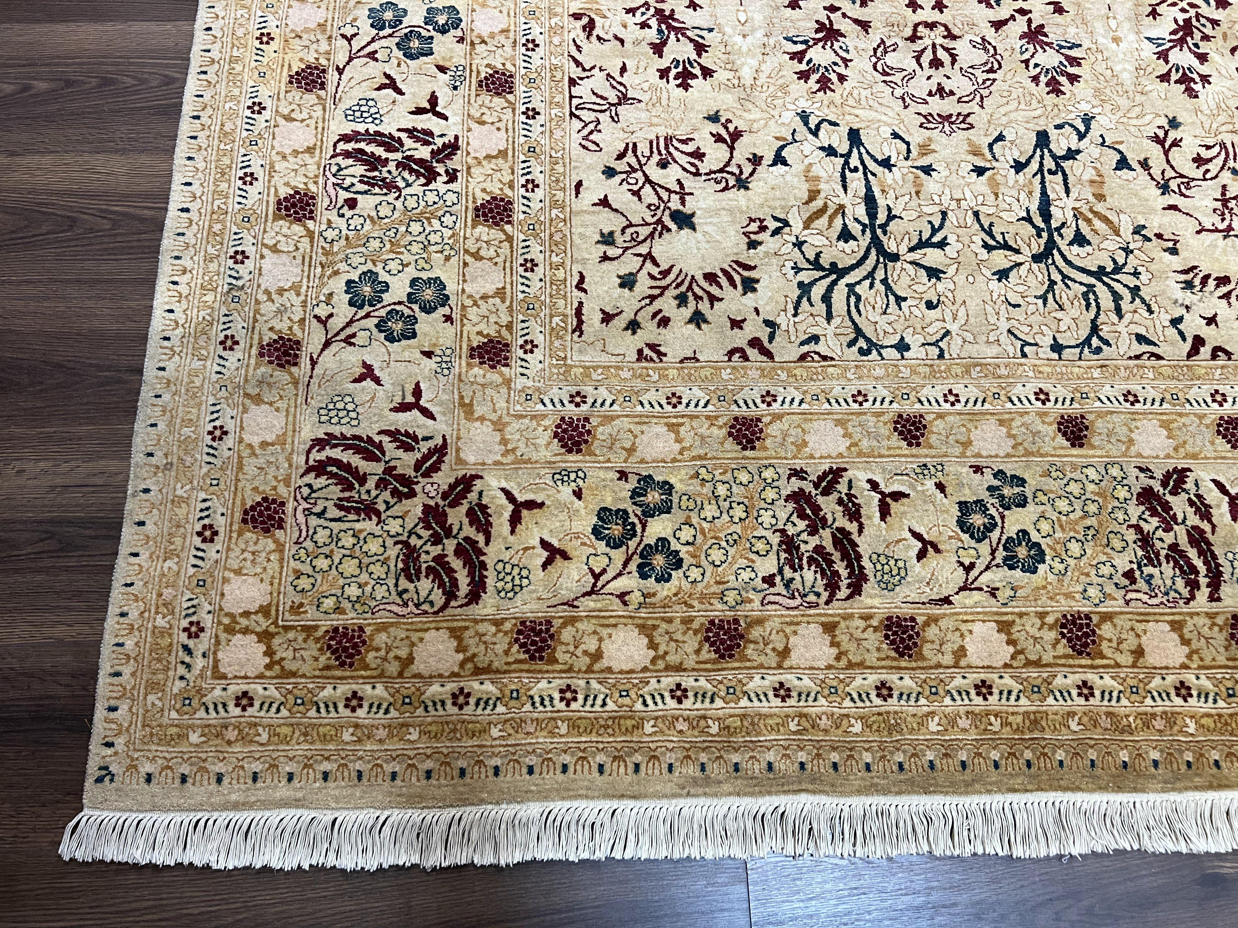 Fine Pak Persian Rug 9x12, Repeated Allover Floral Cypress Tree Motif, Cream and Dark Blue, Hand Knotted Pakistani Oriental Carpet 9 x 12 - Jewel Rugs