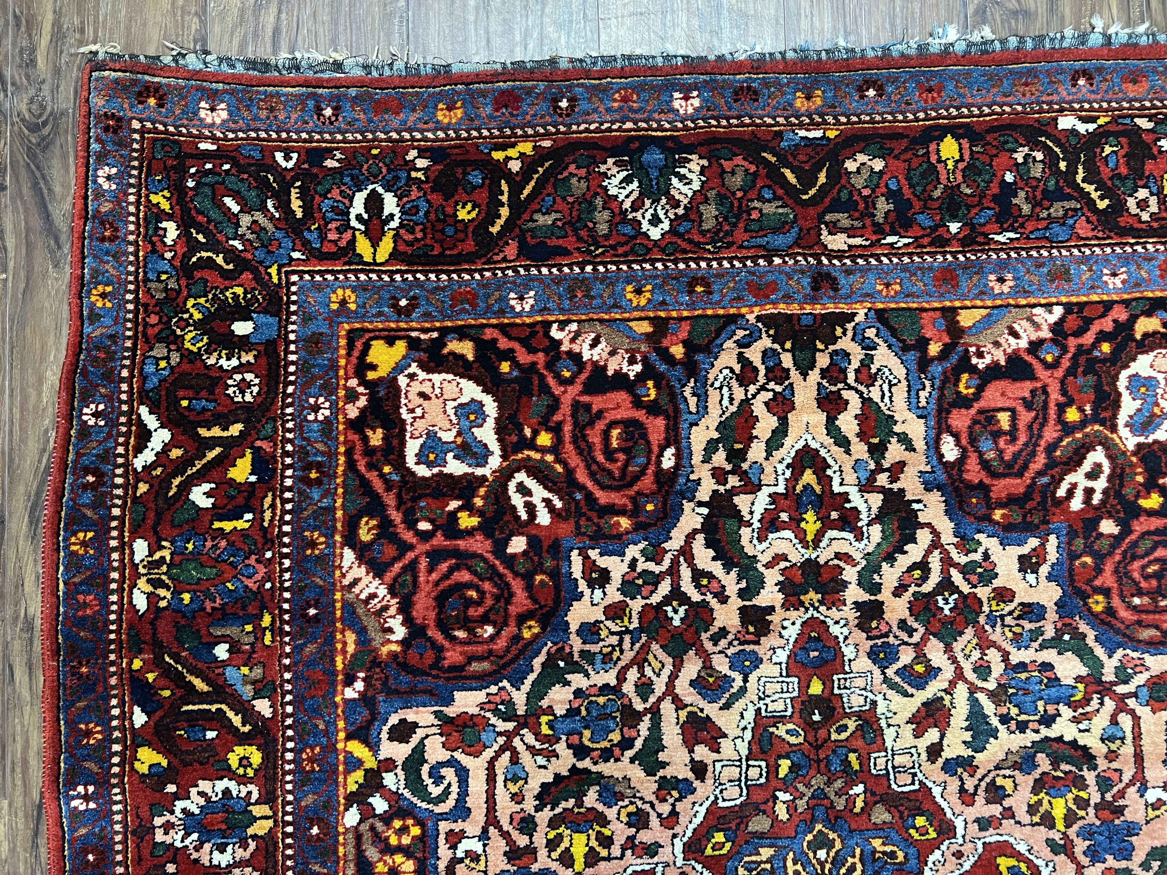 Antique Persian Bakhtiari Rug 5x6 ft, Village Rug, Vegetable Dyed, Red Midnight Blue Gold Tan, Hand Knotted Wool Carpet, Floral Medallion - Jewel Rugs