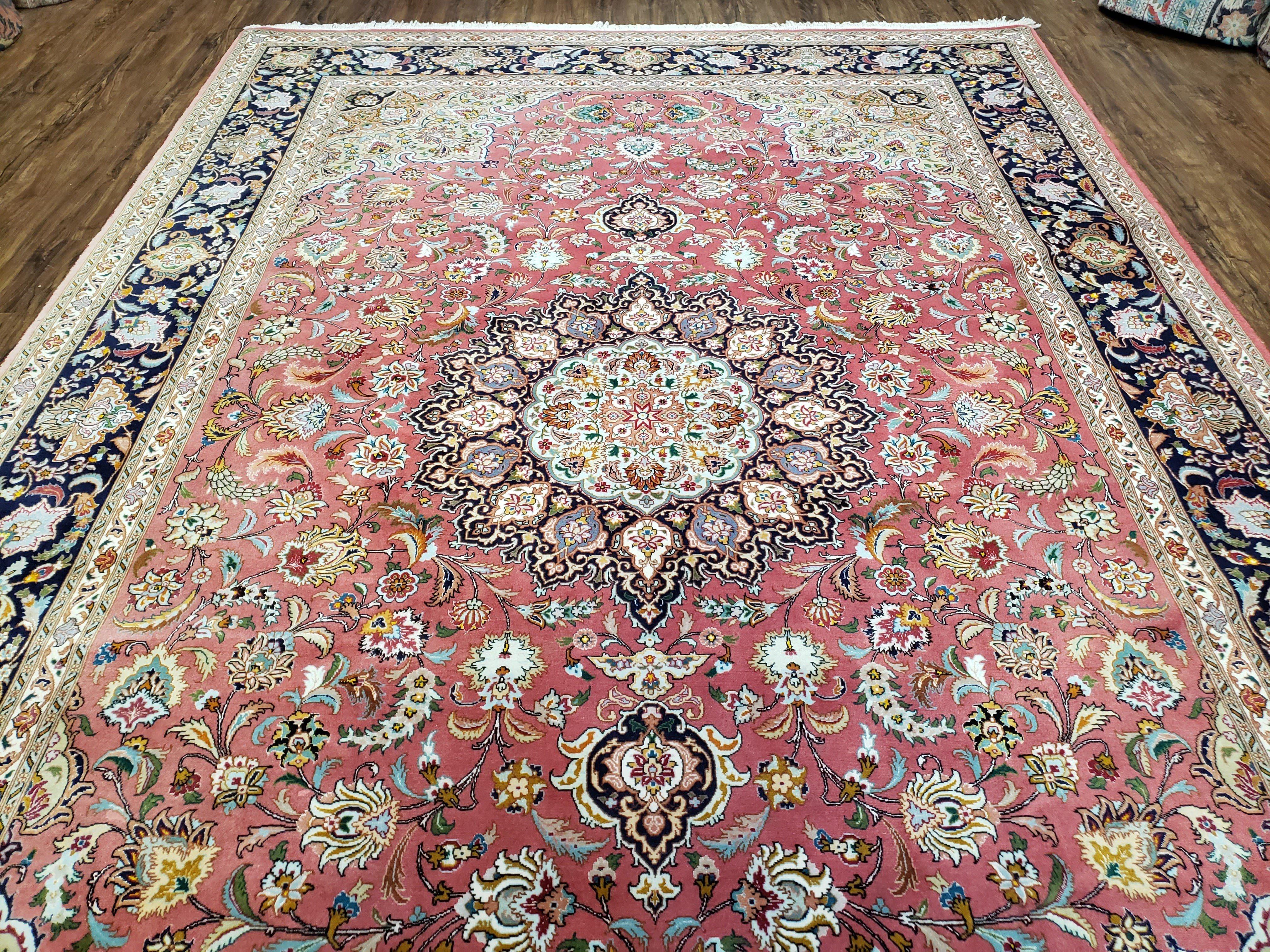 Vintage Persian Tabriz Rug 6.7 x 9.9, Wool Hand-Knotted Salmon Pink & Dark Blue Floral Medallion Carpet, Traditional Fine Persian Oriental Rug - Jewel Rugs