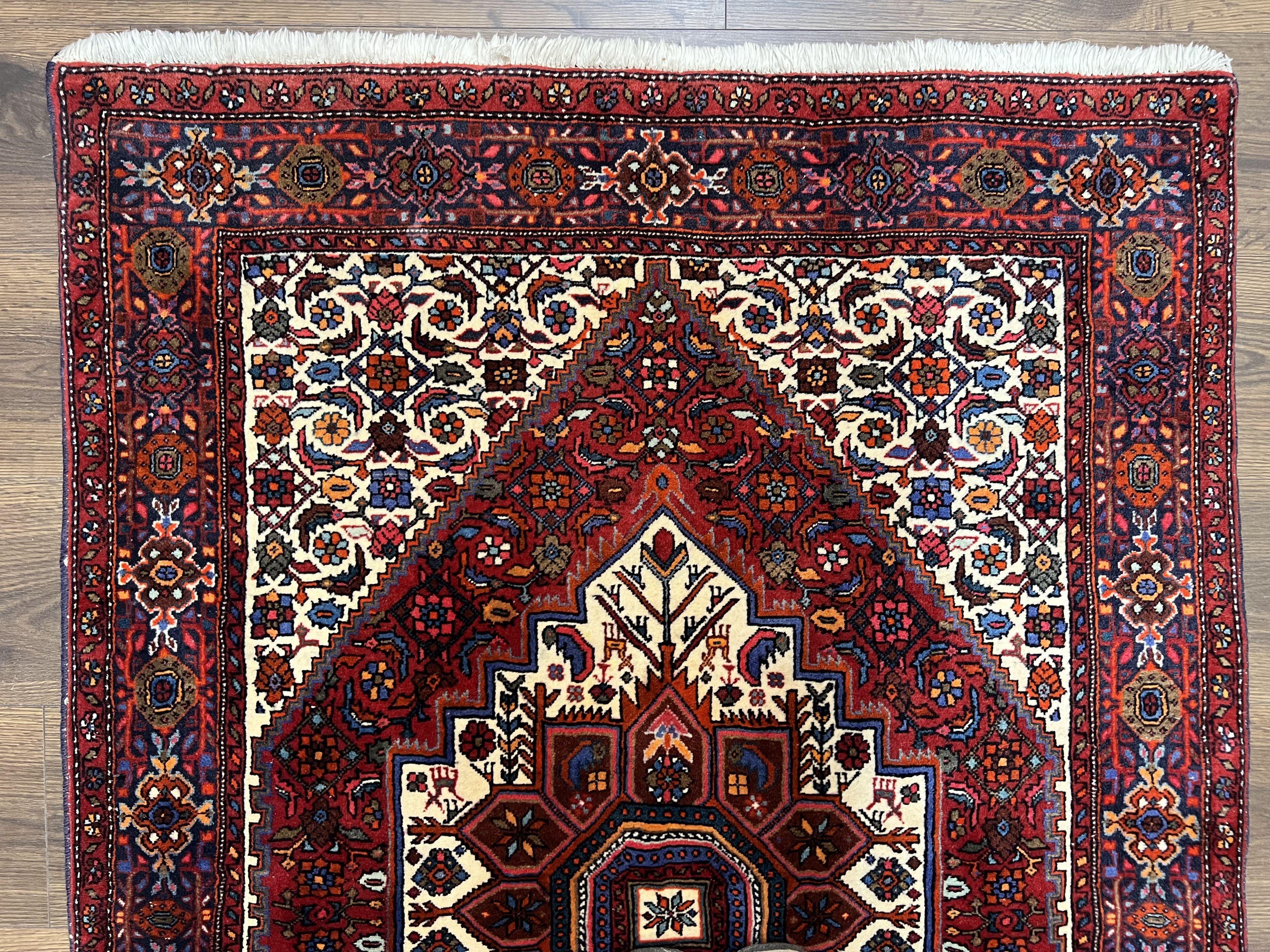 Fine Persian Bidjar Rug 3x5, Geometric Medallion Oriental Bijar Carpet 3 x 5 ft, Ruby Red and Cream, Hand Knotted Wool Rug, Semi Antique Tribal Rug, Nice - Jewel Rugs