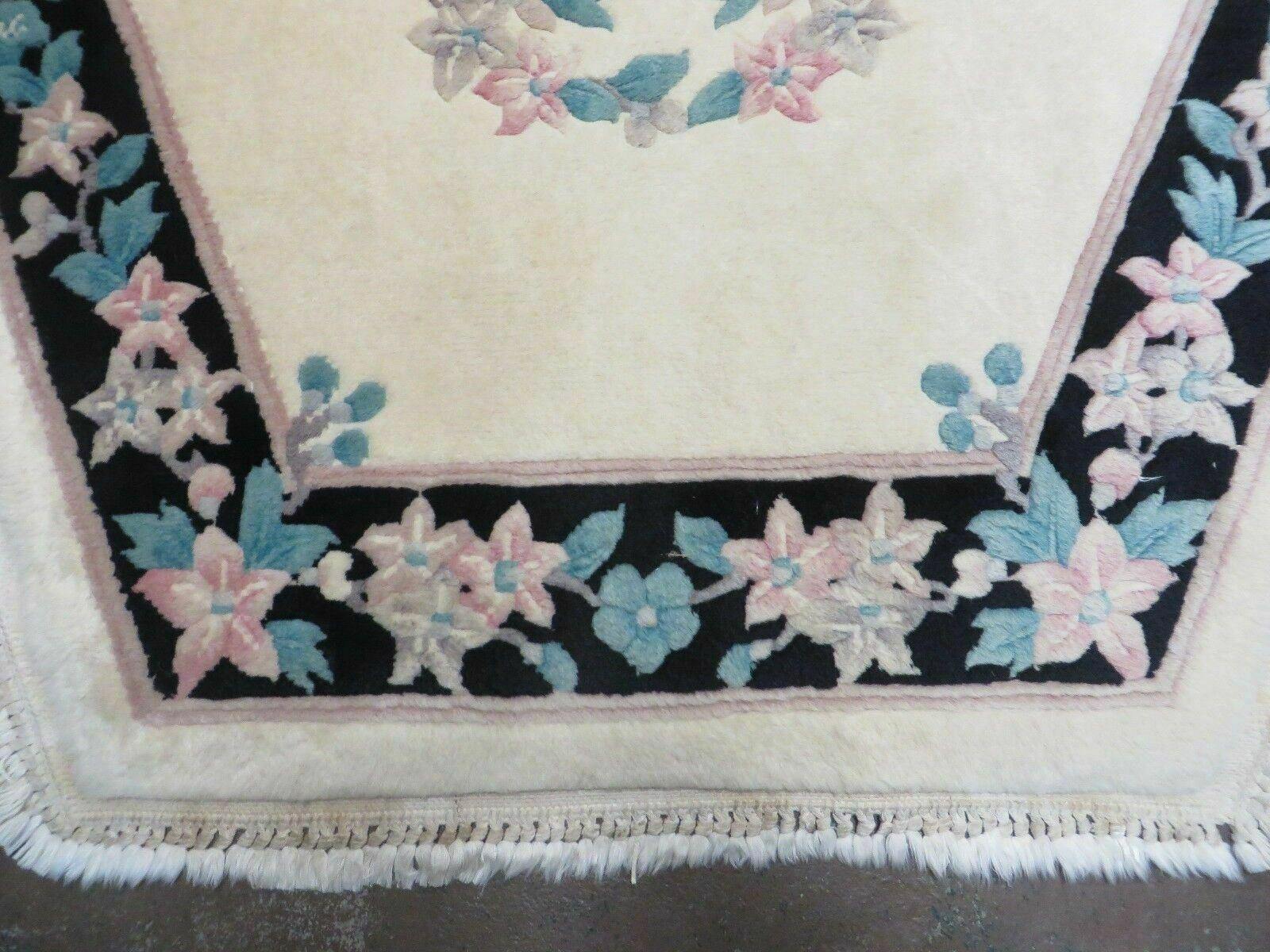 4' 7" X 4' 7" Vintage Handmade Chinese Floral Oriental Hexagon Wool Rug Carpet - Jewel Rugs