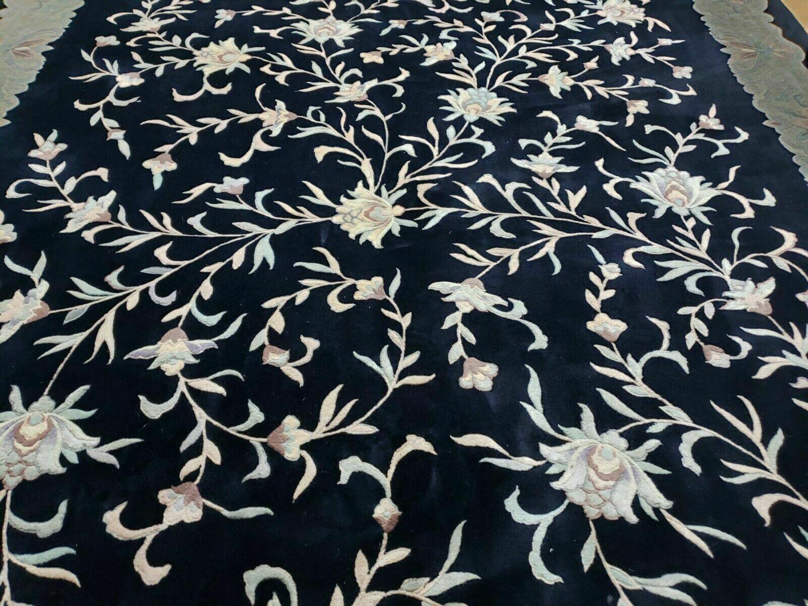 8' X 10' Vintage Handmade Chinese Art Deco 90 Lines Wool Rug Flowers Black Nice - Jewel Rugs