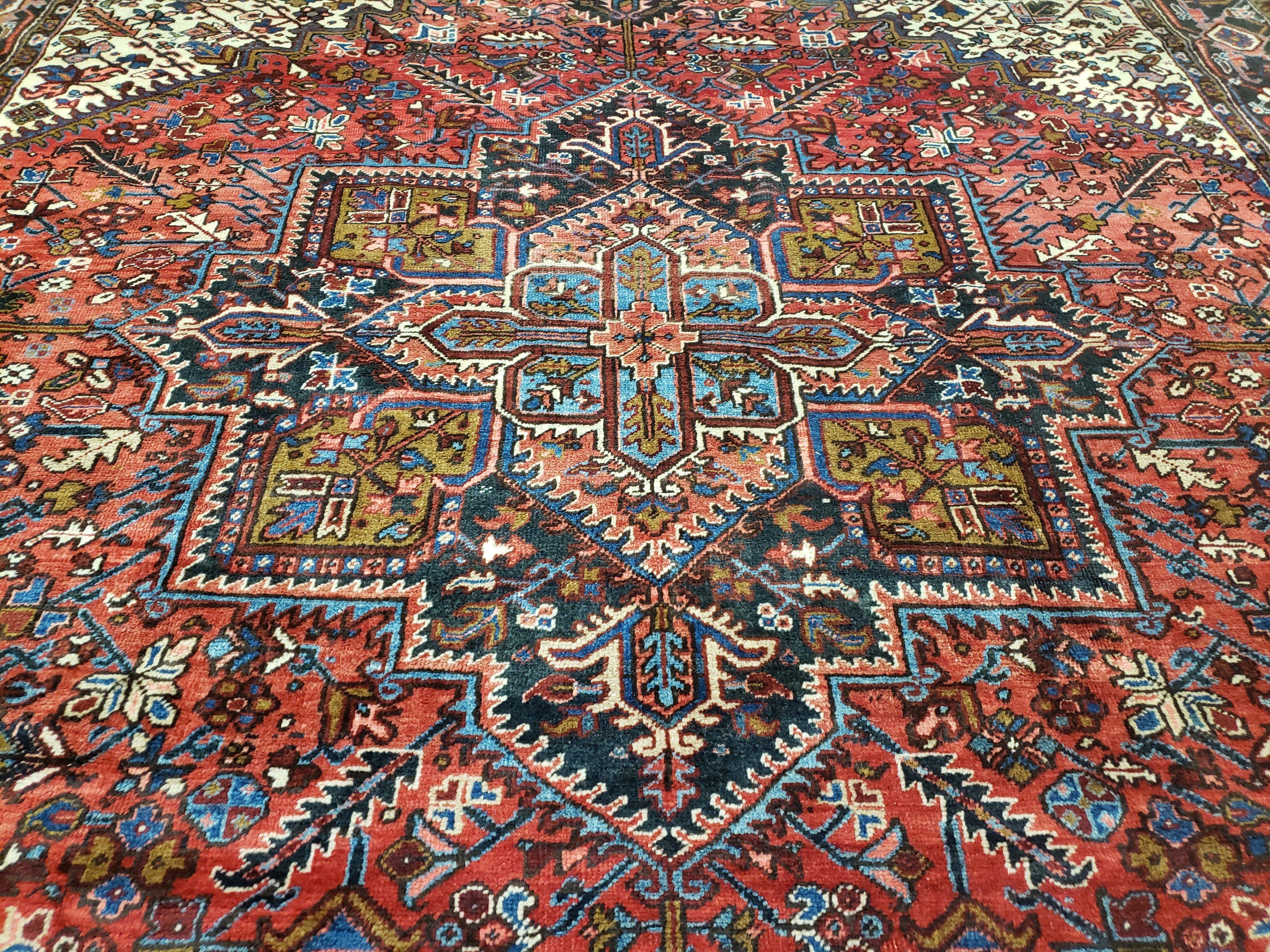 Antique Persian Heriz Rug, Hand-Knotted, Wool, Red Cream Dark Blue, 9' x 11' 10" - Jewel Rugs