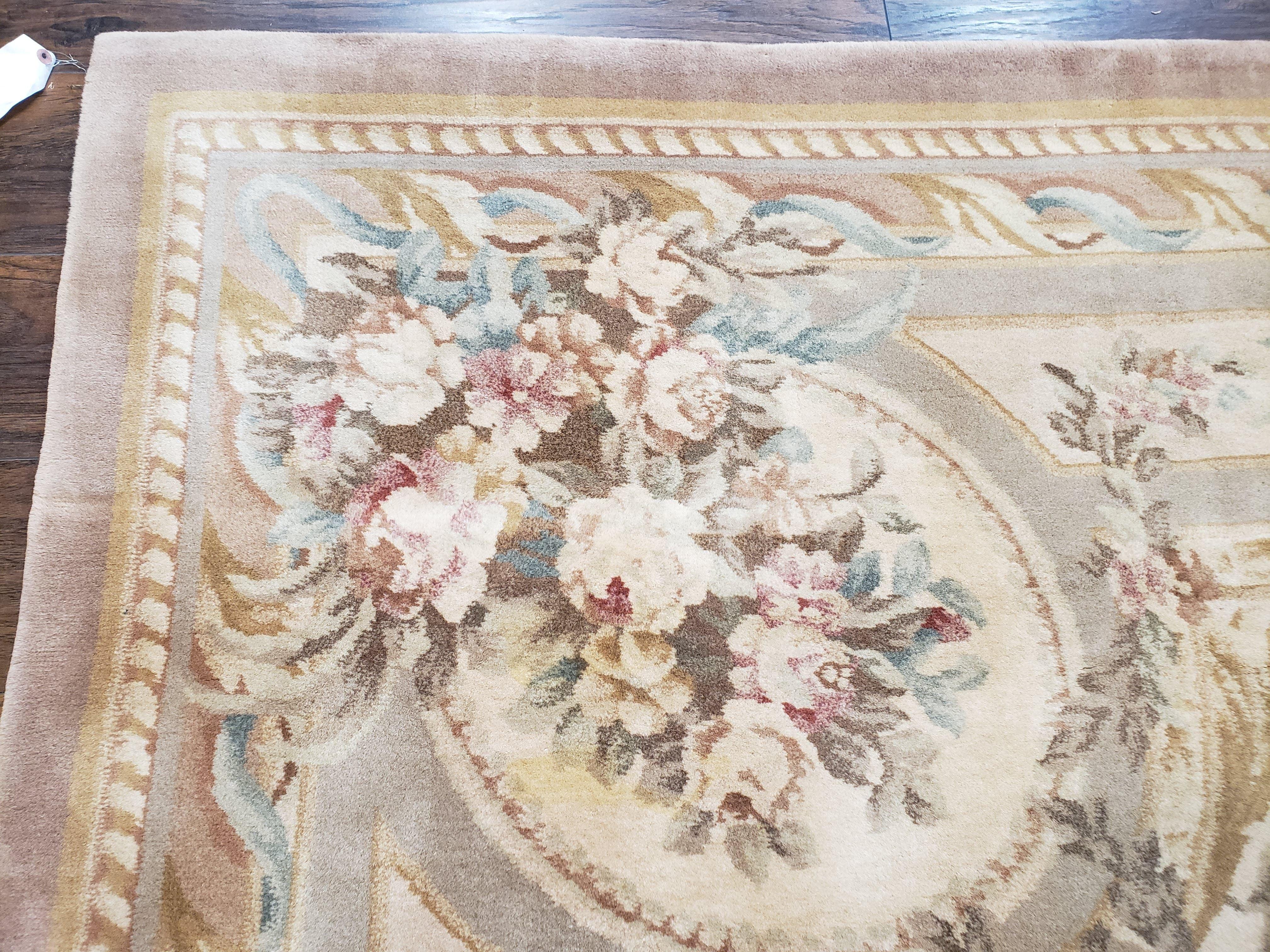 Vintage Chinese Aubusson Savonnerie Room Sized Rug 9.6 x 13.4, Wool Hand-Knotted Beige Carpet, 10x13 10x14 9x13 European Design, Living Room - Jewel Rugs