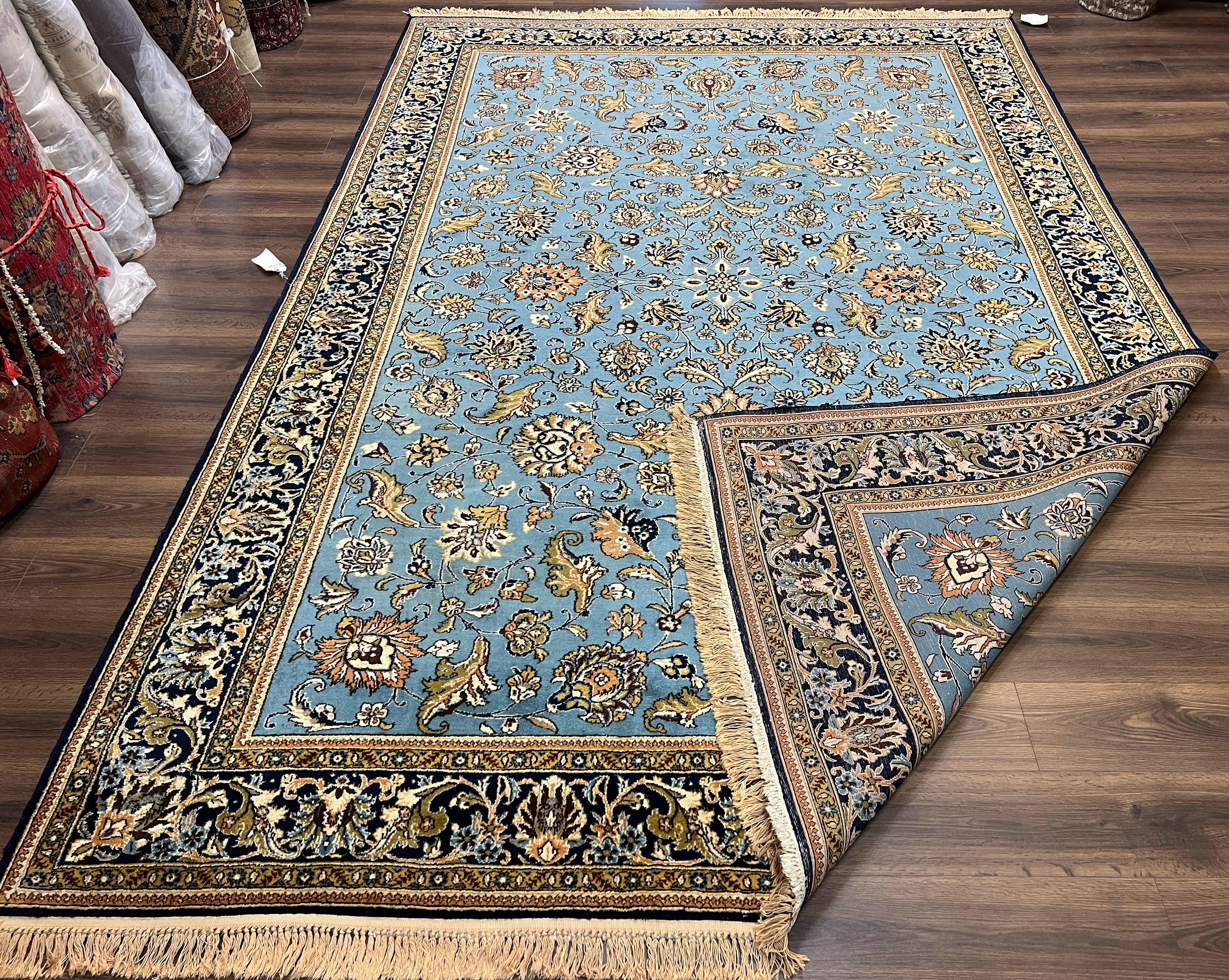 Marvelous Light Blue Persian Qum Rug 9x12, Top Quality Floral Allover Semi Antique Hand Knotted Authentic Ghom Qom Persian Carpet 9x12, Wool & Silk Highlights - Jewel Rugs