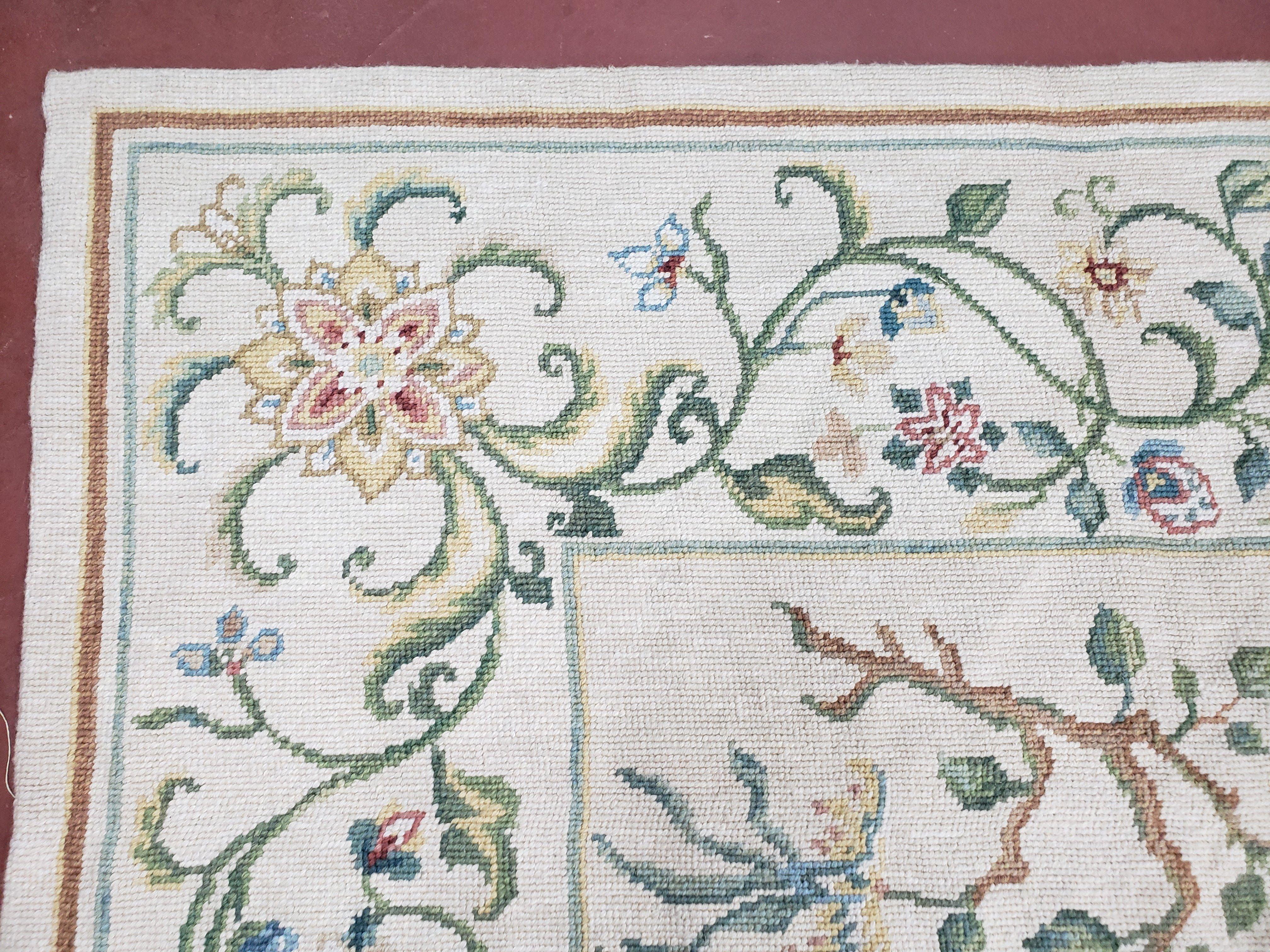 New Needlepoint Floral Carpet 9x12, Handmade Area Rug, Flatweave Carpet, Ivory Background, Blue Flowers, Wool Needlepoint Rug - Jewel Rugs