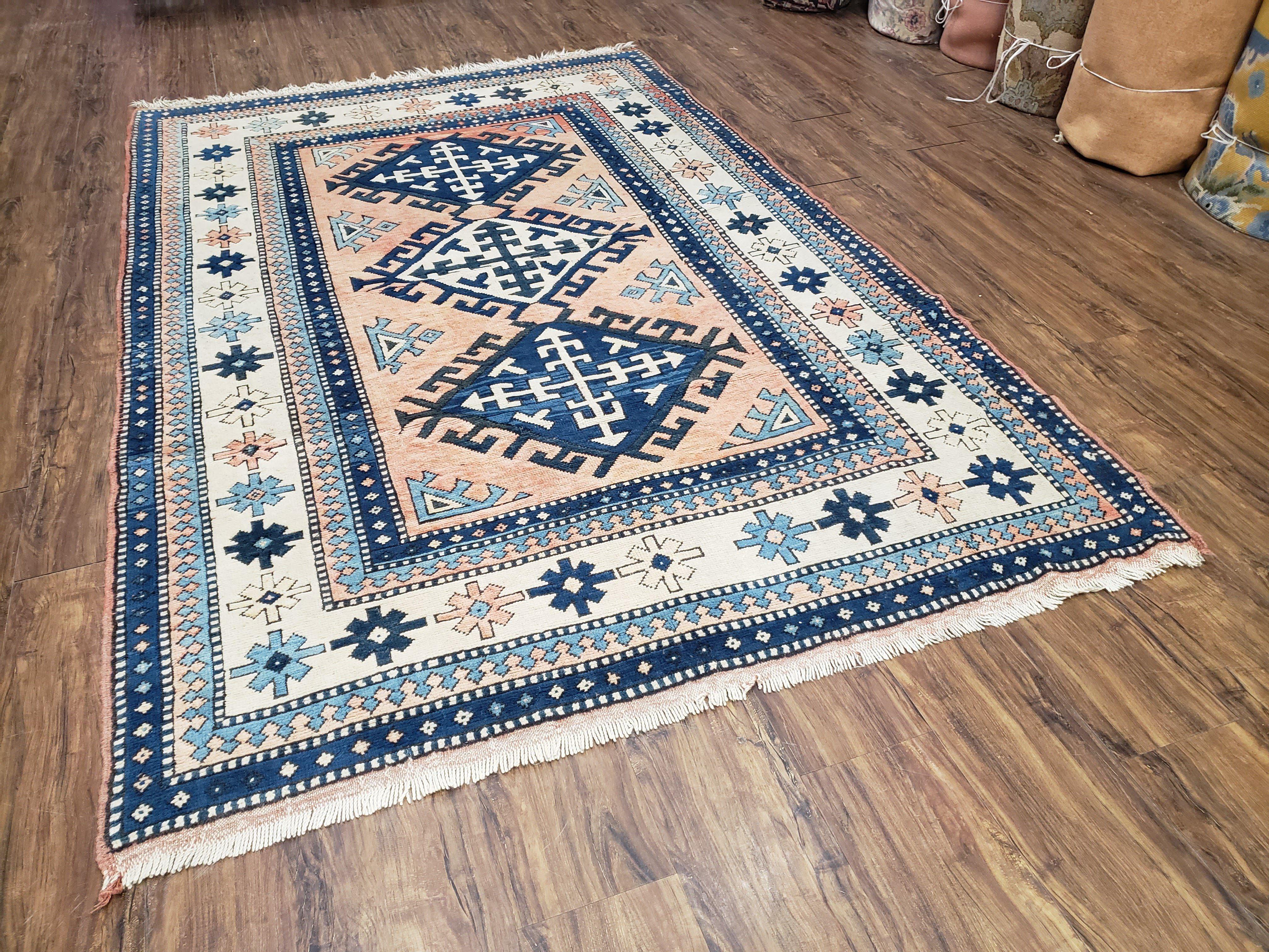 Turkish Kazak Rug 5x8 ft, Bold Geometric Bohemian Carpet, Blue and Ivory Hand Knotted Area Rug, Medium Sized High Quality Wool Oriental Rug - Jewel Rugs