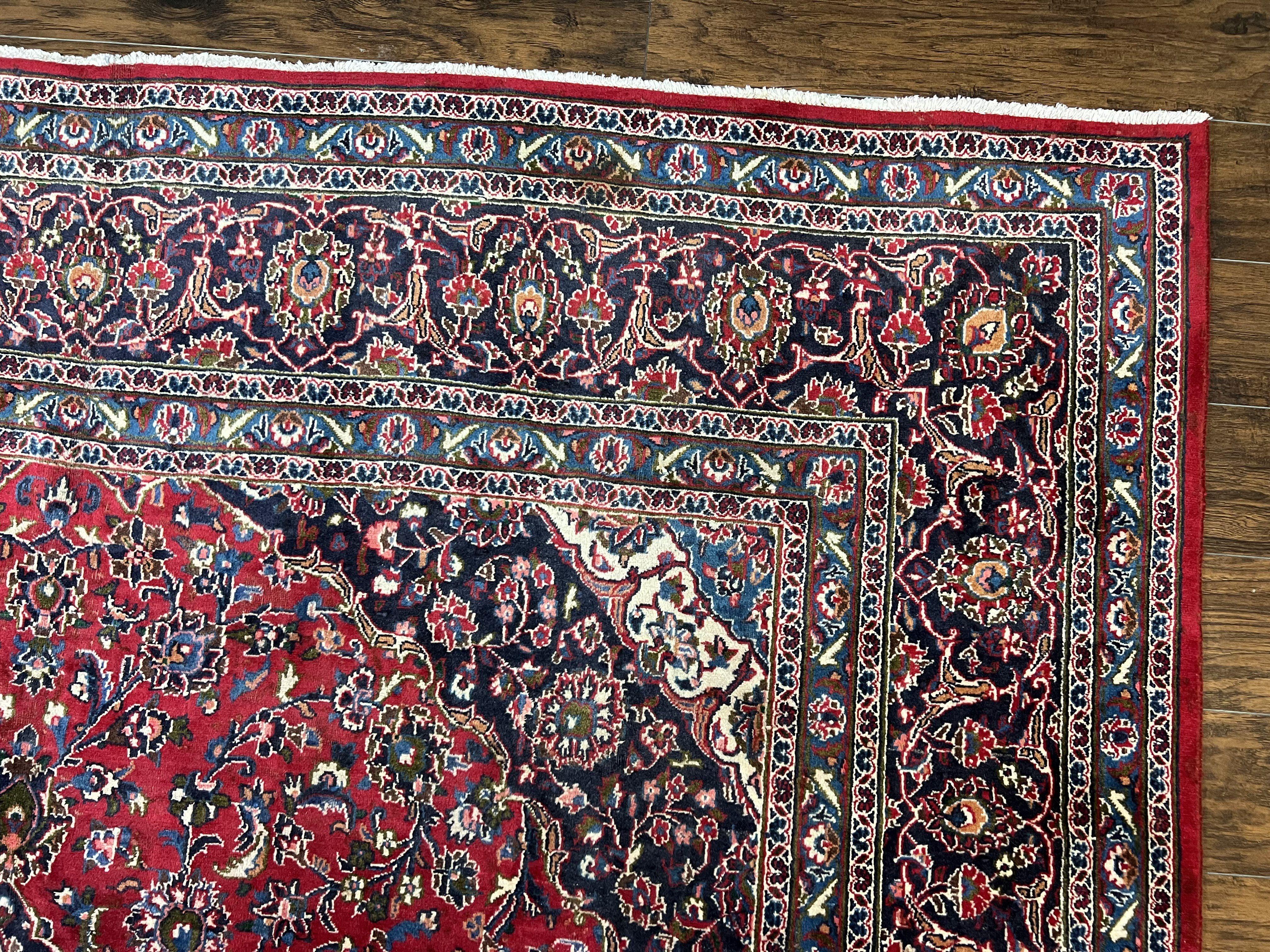 Large Persian Kashan Rug 10x13, Red Navy Blue, Allover Floral Medallion & Corner Design, Handmade Wool Oriental Carpet, Antique Traditional Rug - Jewel Rugs