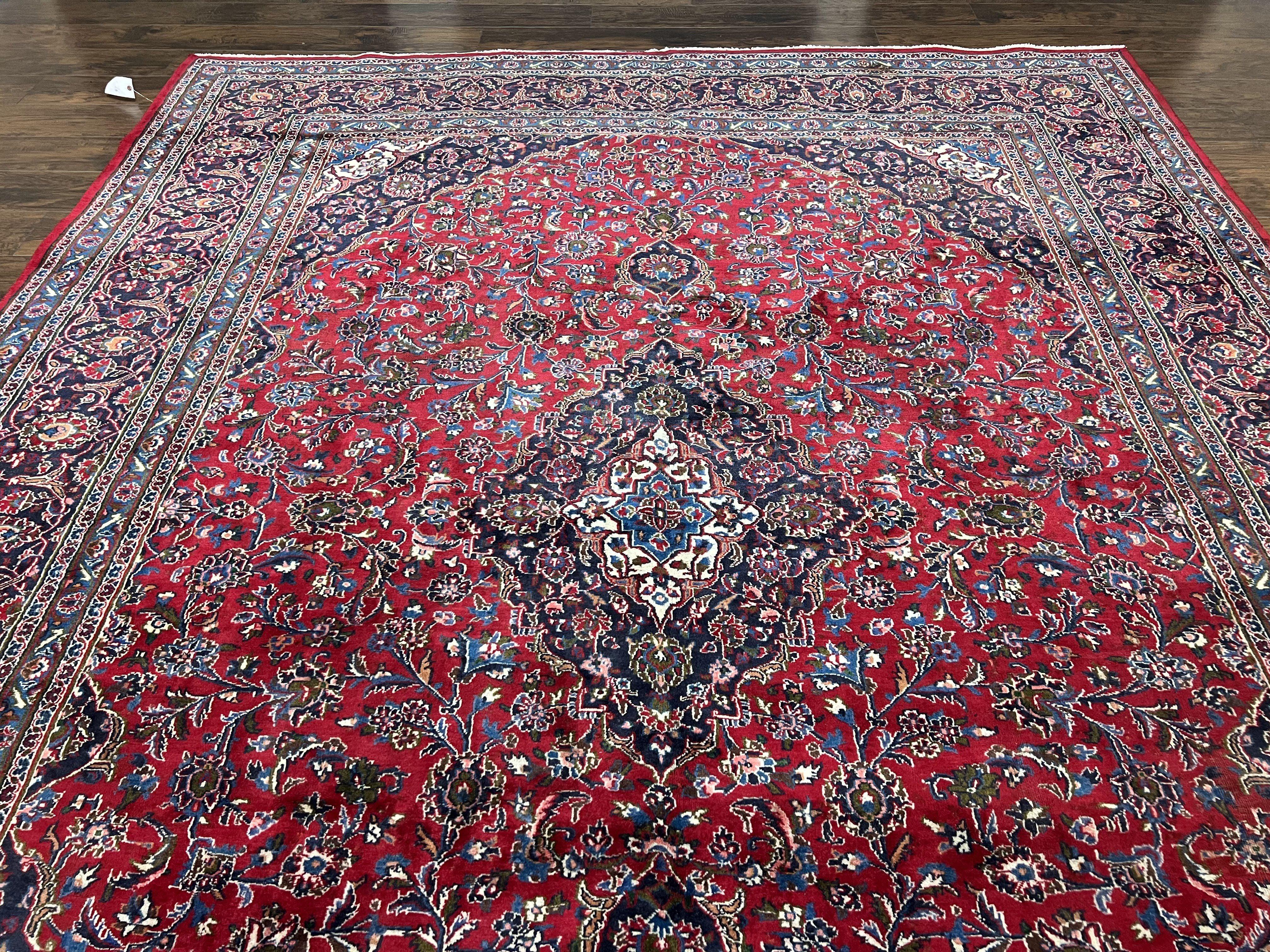 Large Persian Kashan Rug 10x13, Red Navy Blue, Allover Floral Medallion & Corner Design, Handmade Wool Oriental Carpet, Antique Traditional Rug - Jewel Rugs