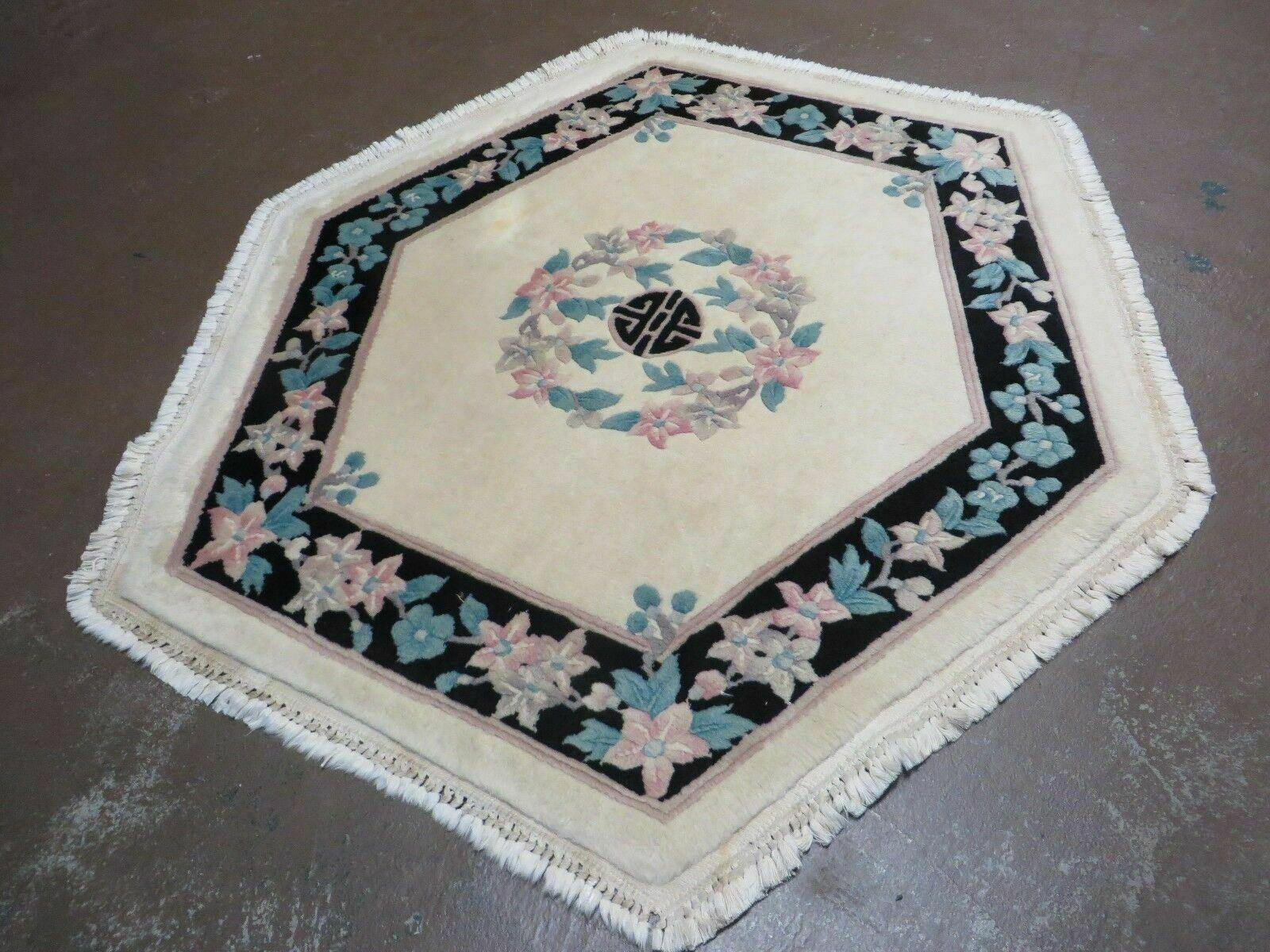 4' 7" X 4' 7" Vintage Handmade Chinese Floral Oriental Hexagon Wool Rug Carpet - Jewel Rugs