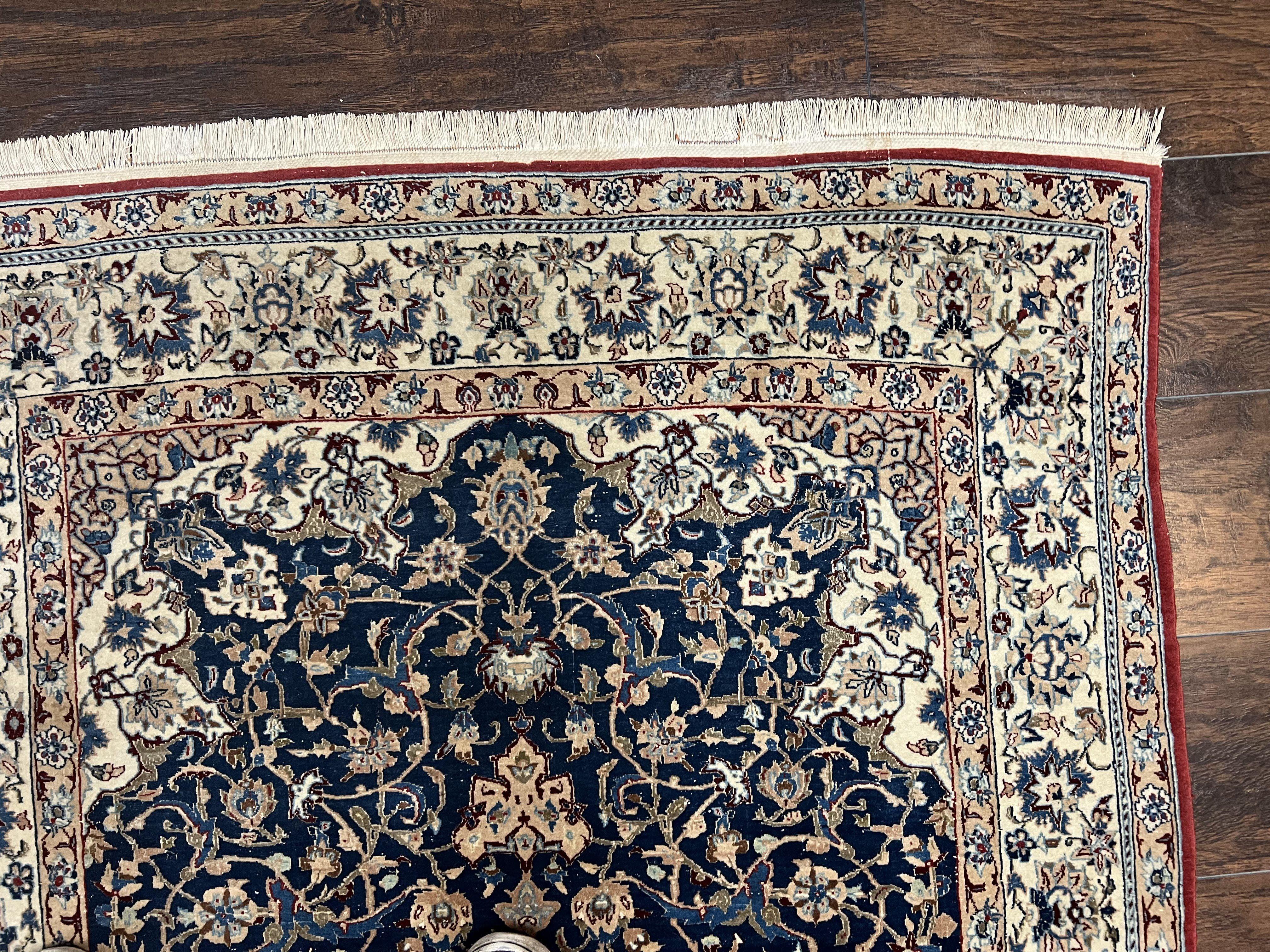 Super Fine Persian Nain Carpet 3.6 x 5.4, Traditional Persian Rug, Center Medallion with Floral Allover Design Dark Blue and Ivory/Cream Detailed 4-La, Wool with Silk Accents - Jewel Rugs