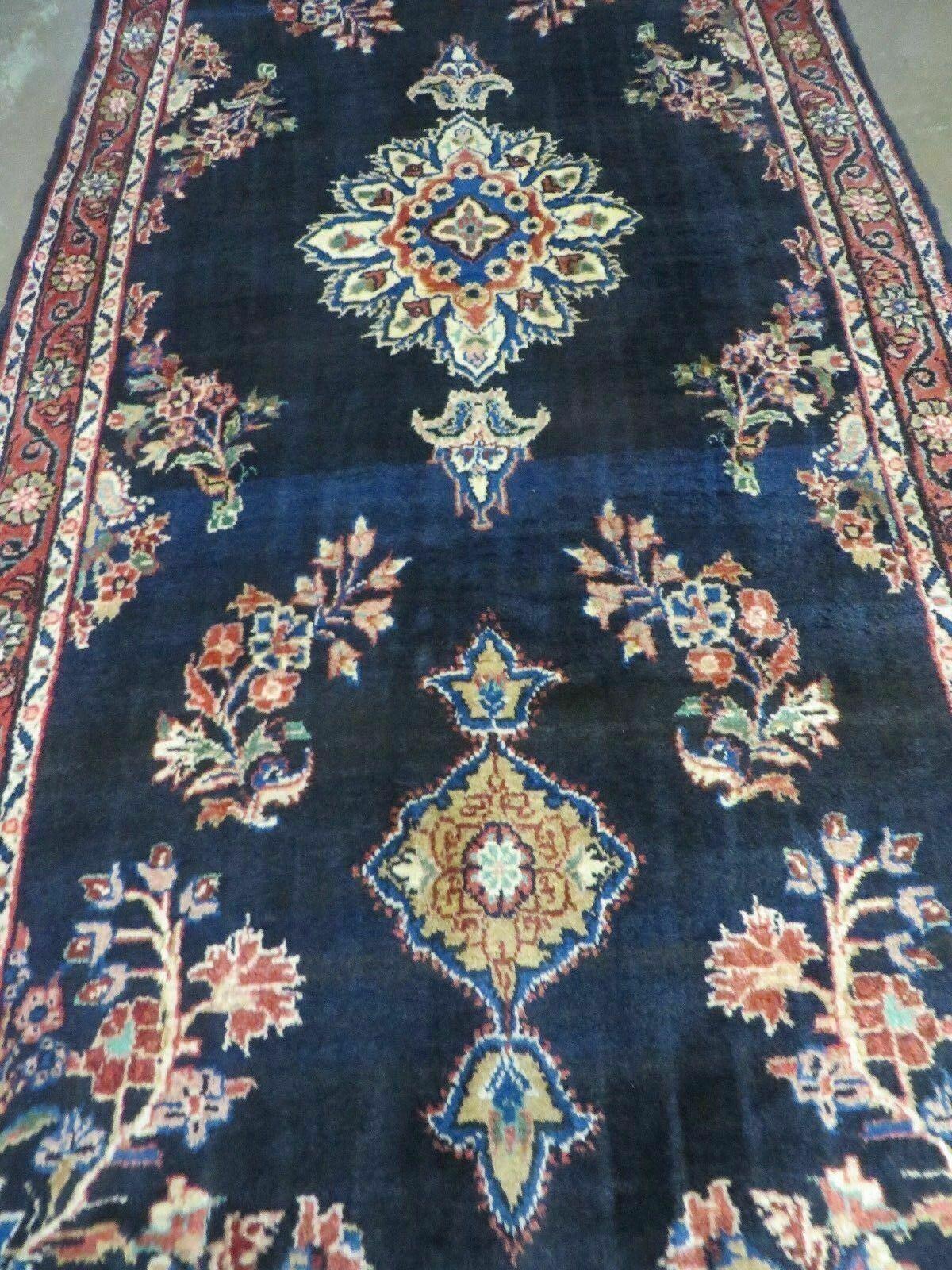 Persian Runner Rug 3.7 x 10.9, Antique Persian Hamadan Wool Handmade Oriental Tribal Hallway Runner, Navy Blue Red Cream, Floral Semi Open Field Medallion - Jewel Rugs