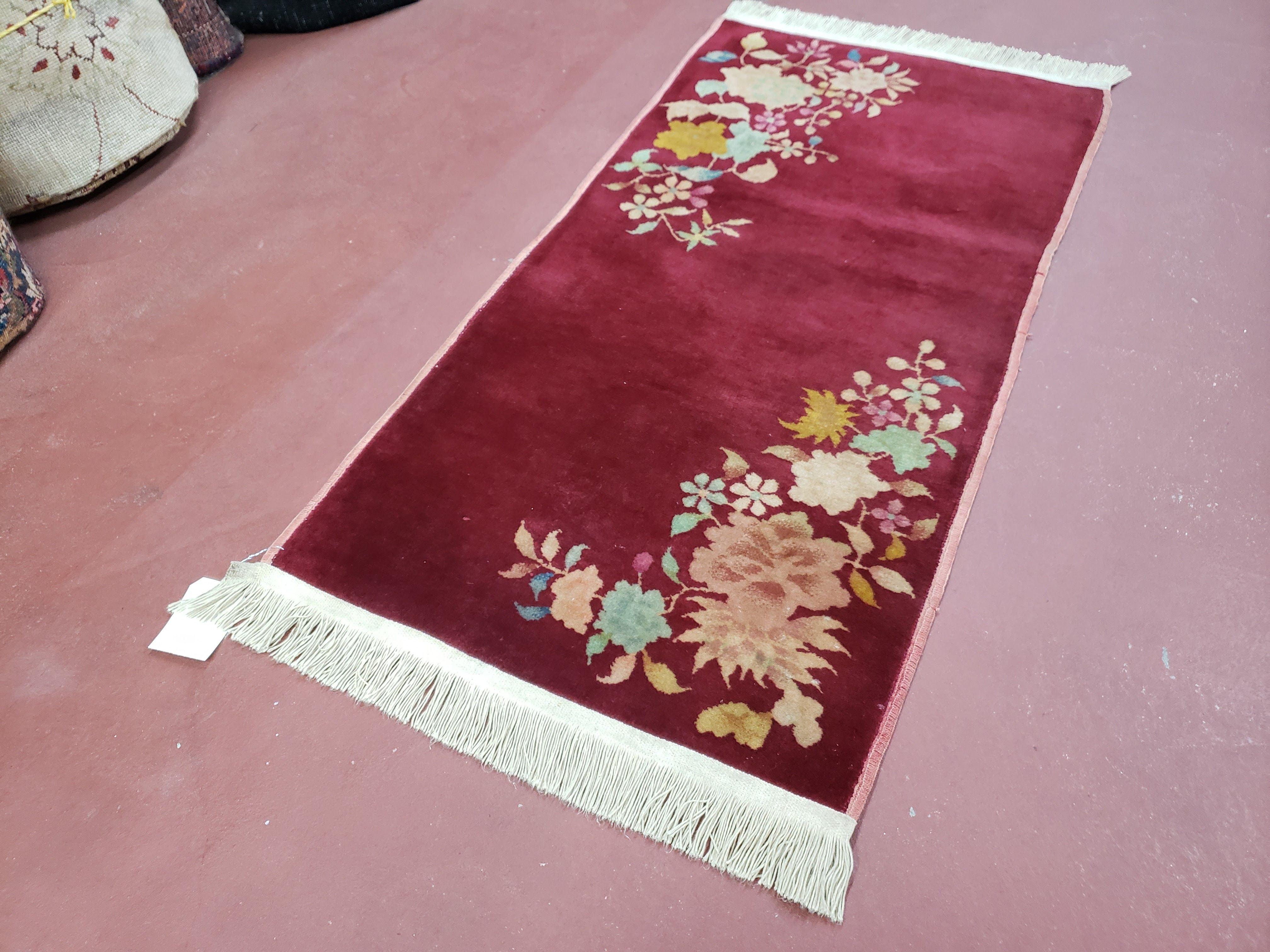 Chinese Art Deco Rug, 2x4 Rug, Maroon Red Nichols Rug Flowers, Antique Rug, Small Art Deco Carpet, Wool Rug, Hand Knotted, Accent Rug Pair B - Jewel Rugs