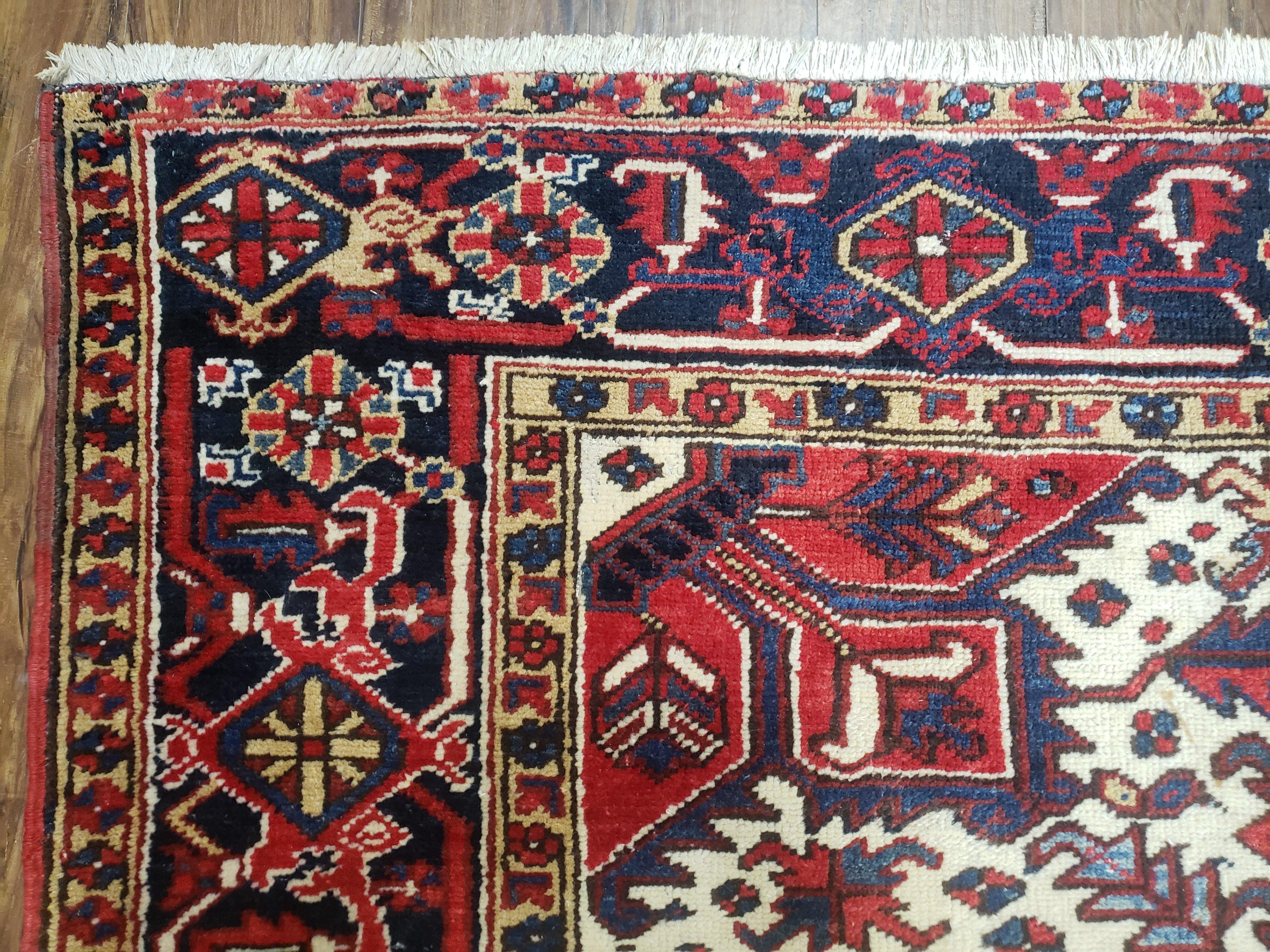 Semi Antique Persian Heriz Rug, Red Ivory & Blue, Hand-Knotted, Wool, 8'4" x 10'8" - Jewel Rugs