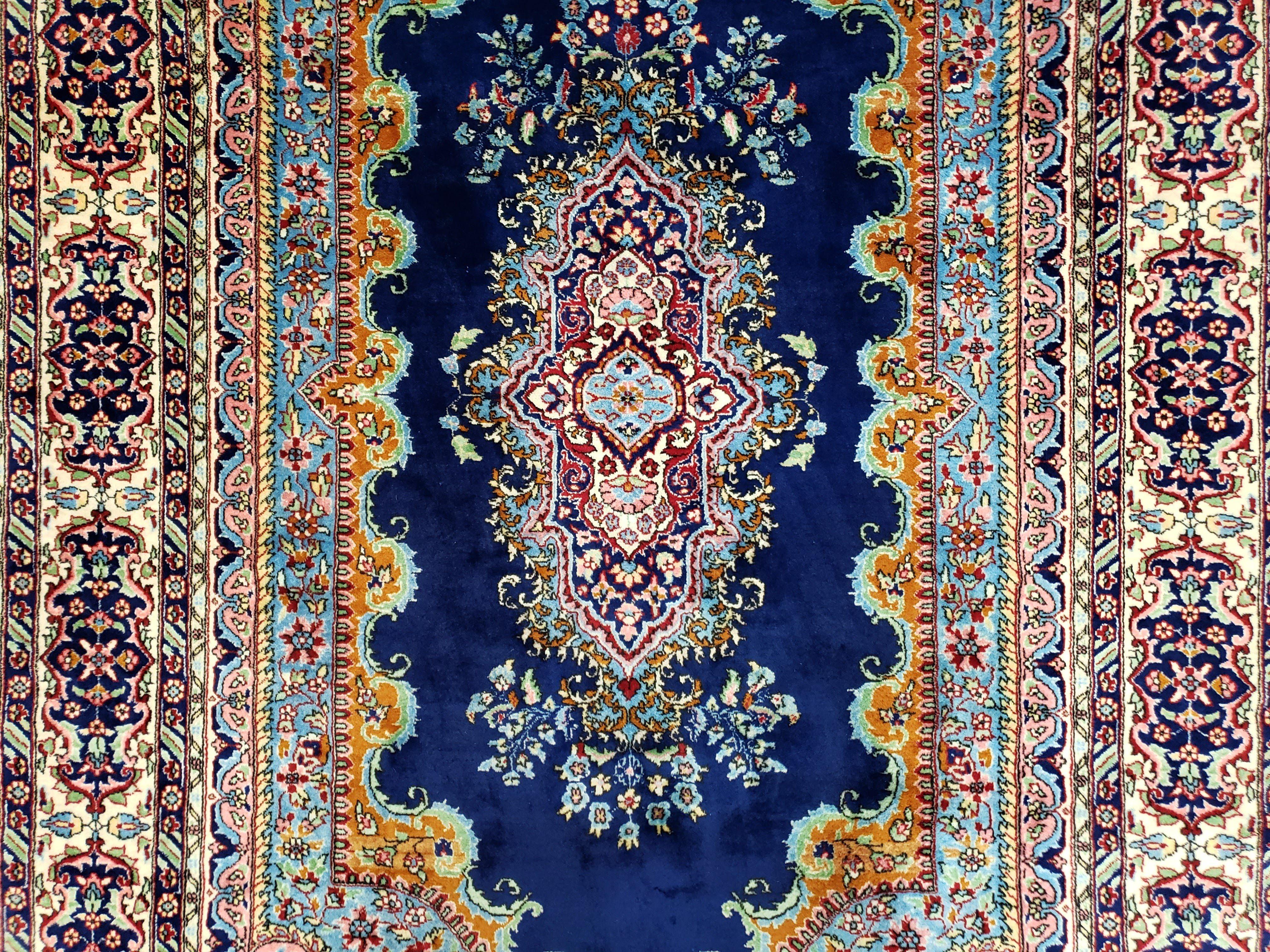 Vintage Indian Kirman Area Rug 4x7 - 5x7, Wool Hand-Knotted, Blue & Ivory Indo Persian Oriental Carpet, Medallion Rug, Office Room Rug - Jewel Rugs