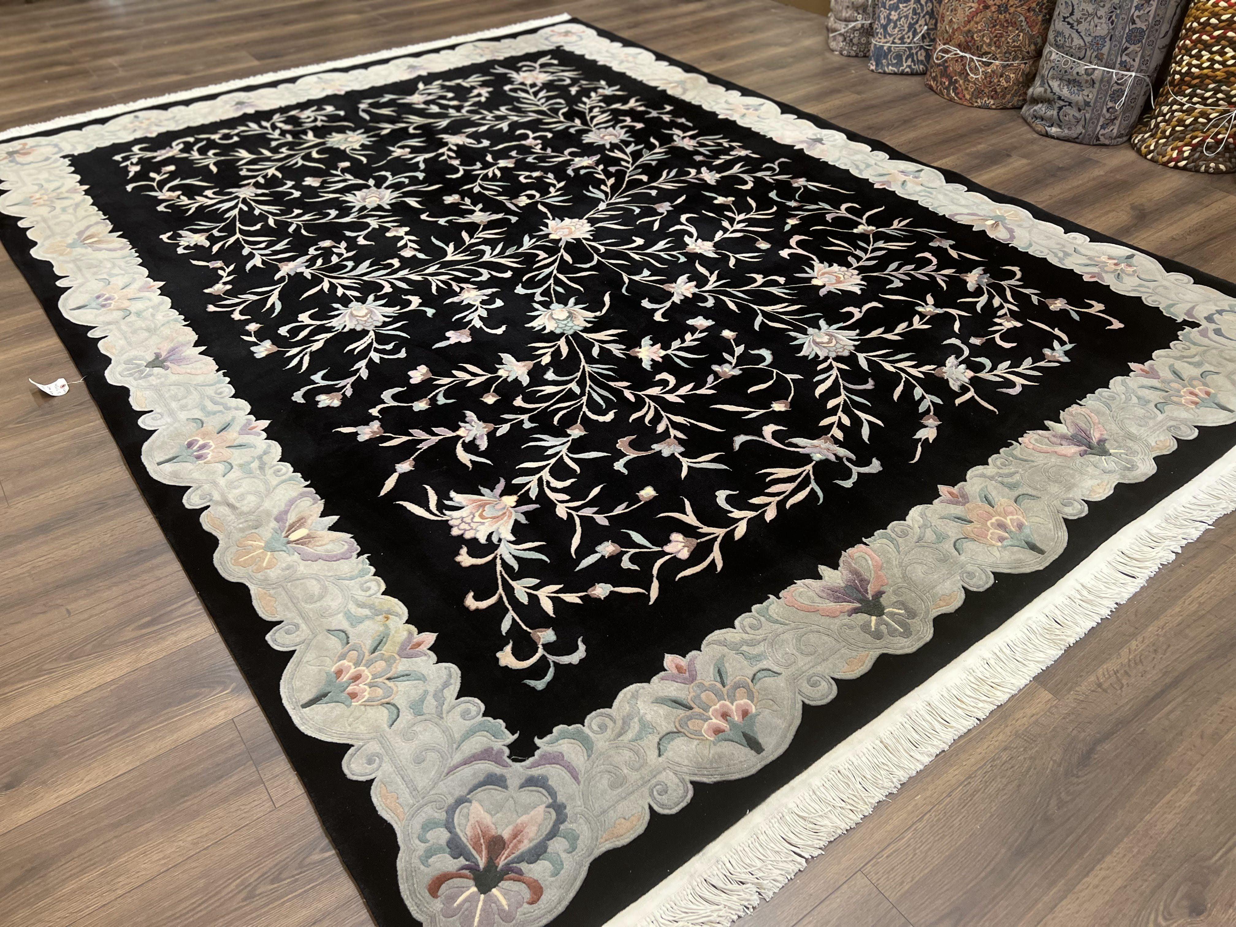 Chinese Wool Rug 9x11, Black Chinese 90 Line Carpet, Allover Floral Chinese Rug, Soft Plush Rug, Black Gray Teal Rug, Vintage Chinese Rug - Jewel Rugs