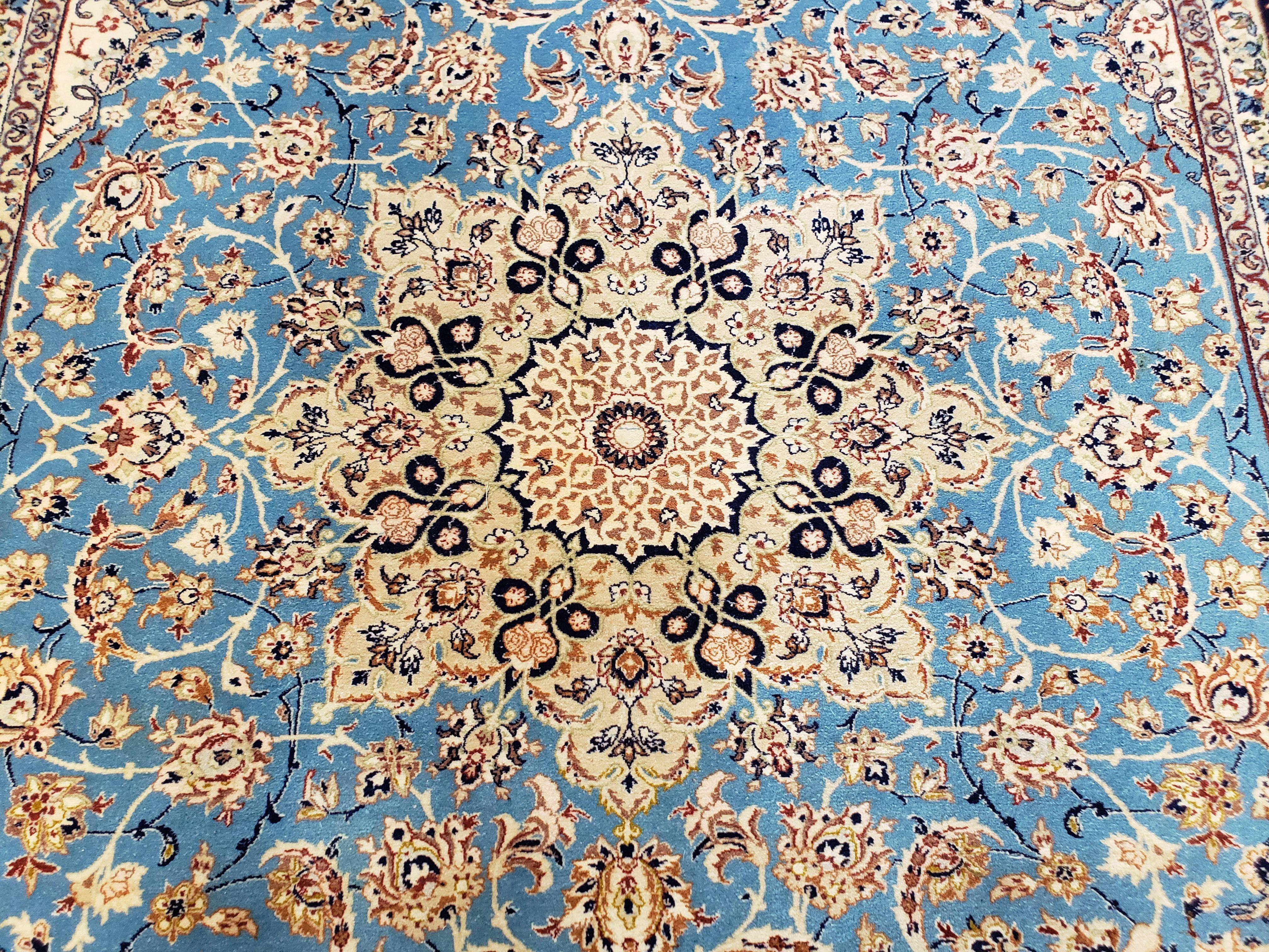 Semi Antique Persian Isfahan Rug, Kork Wool on Silk Foundation, Sky Blue, Hand-Knotted, 5' 1" x 7' 8" - Jewel Rugs