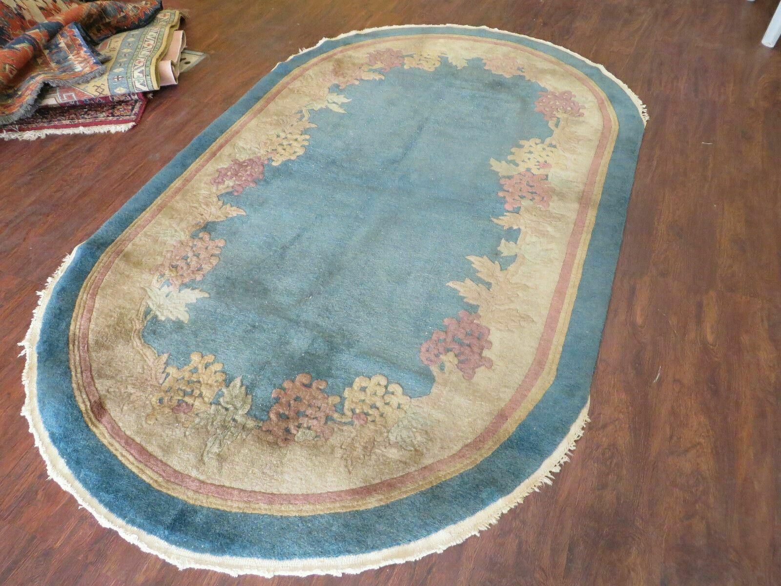 4' X 7' Vintage Handmade Art Deco Chinese Peking Wool Rug Oval Nice Sky Blue - Jewel Rugs