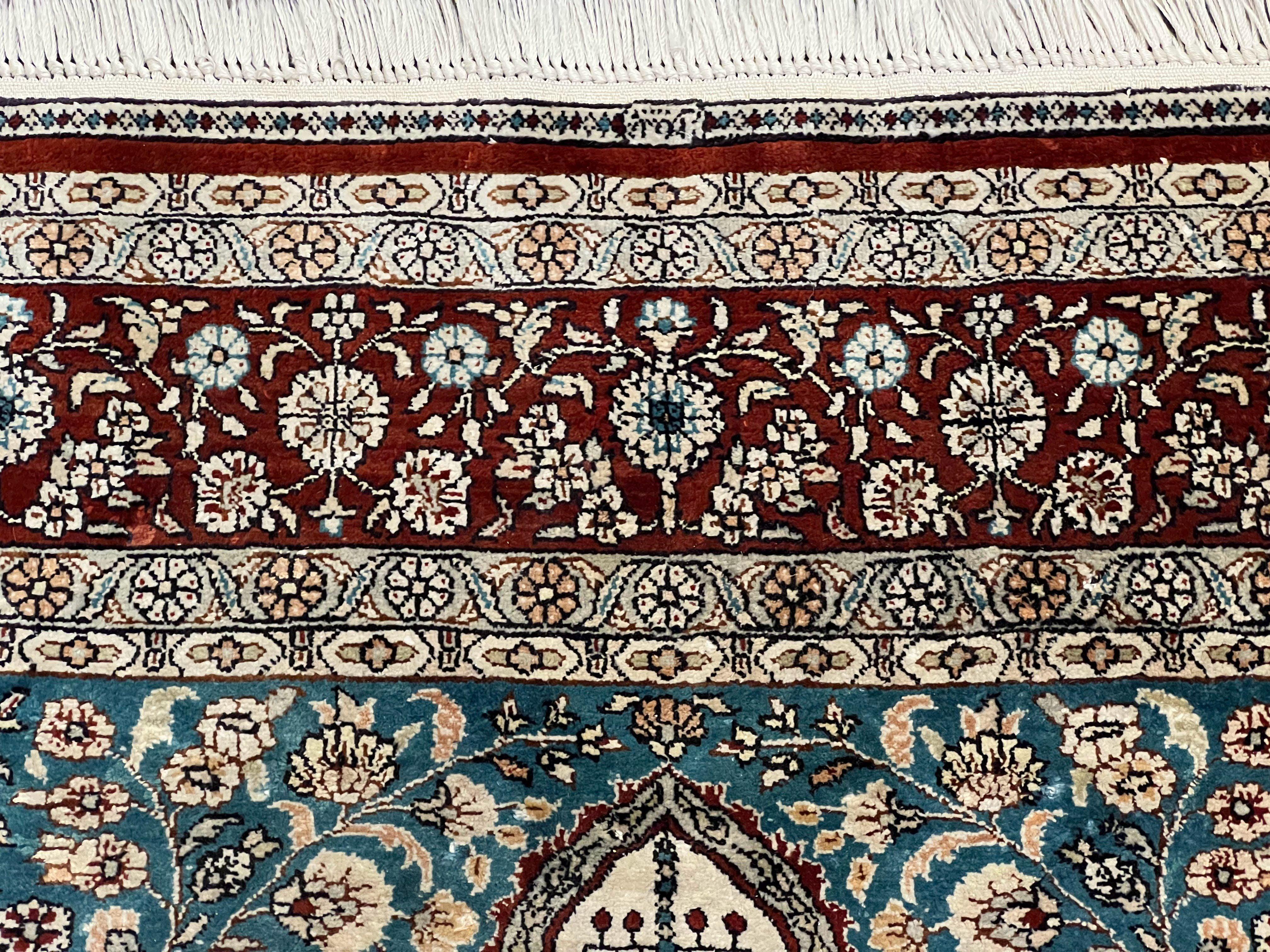 Very Fine Turkish Hereke Silk Rug 2.5 x 4, Silk Prayer Rug, Signed Hand Knotted Carpet, Floral Design, Maroon Teal Beige/Cream, Vintage Rug - Jewel Rugs