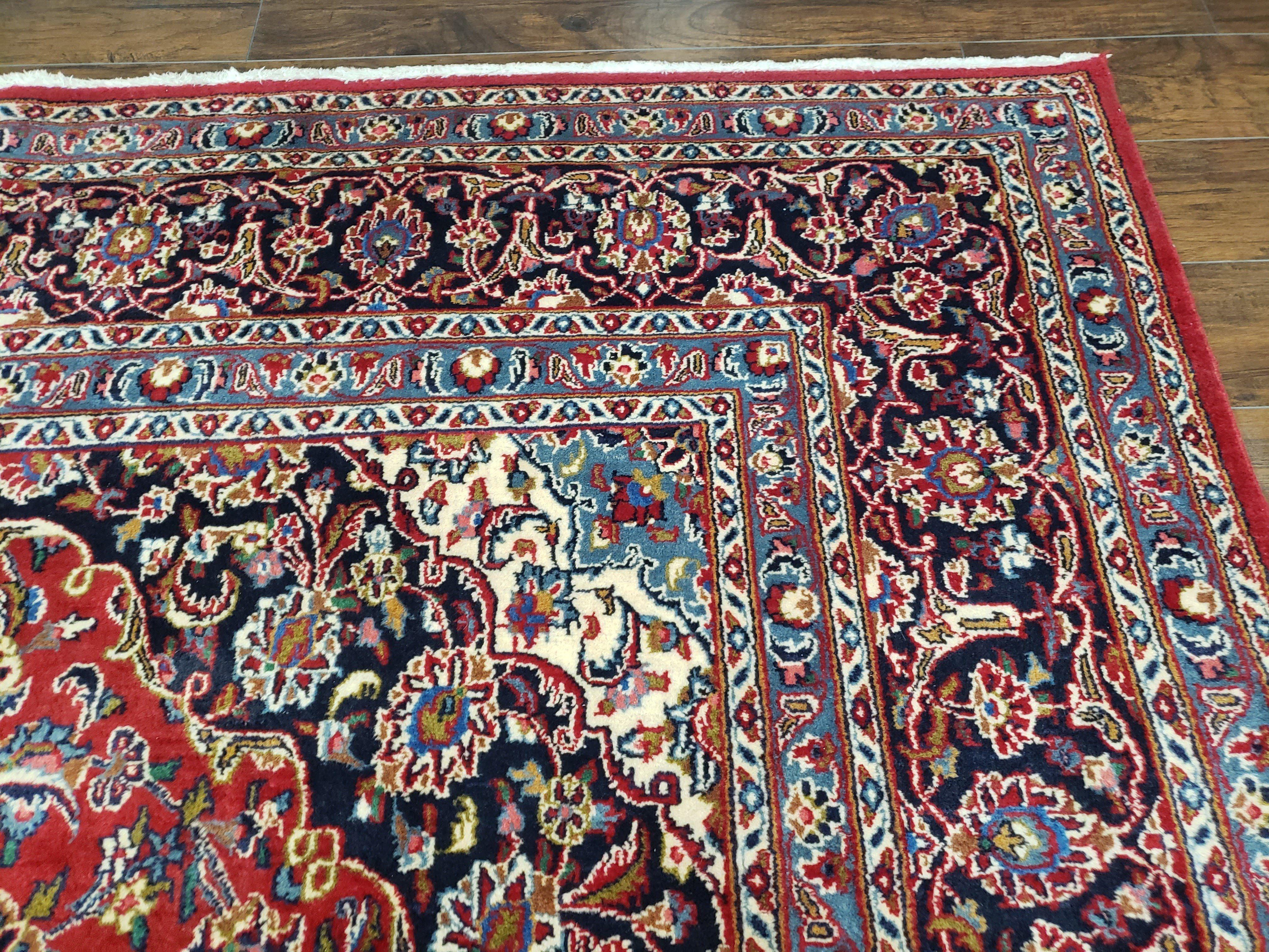 Persian Kashan Rug 9.6 x 13.5, Red and Blue Antique Persian Carpet, Hand Knotted, Medallion Allover Floral, High Quality Large Wool Carpet - Jewel Rugs