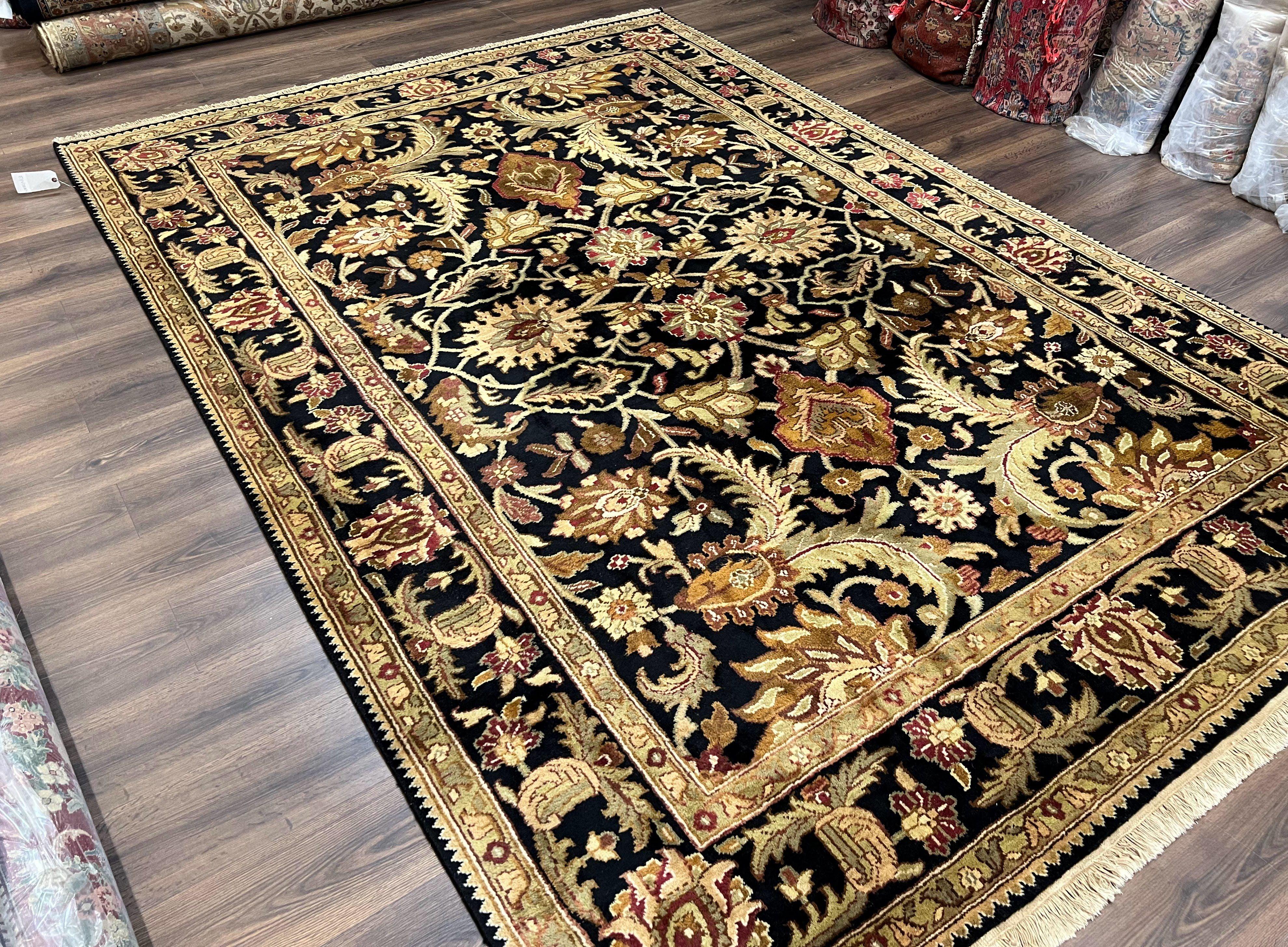 Indo Mahal Sultanabad Rug 8x11, Vintage Indian Oriental Carpet, Wool Handmade Floral Rug 8 x 11 ft, Black Beige Tan, Large Flowers Allover - Jewel Rugs