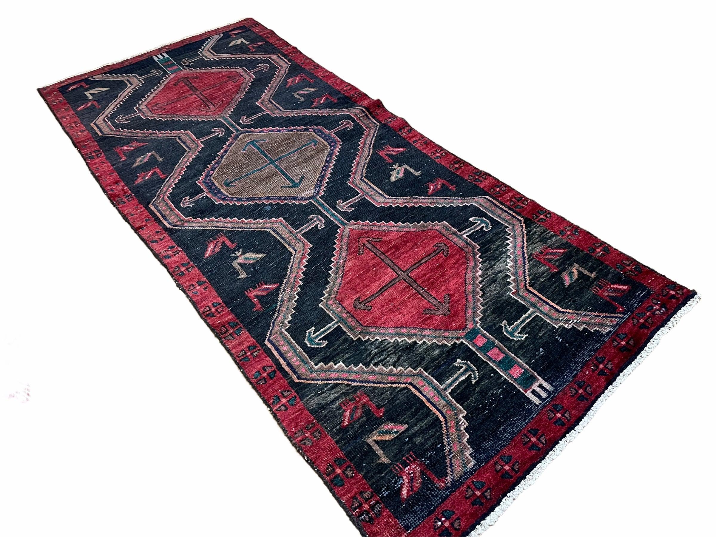 3 X 7 Handmade Wool Tribal Runner Rug Geometric Red Blue Boho Organic Dyes - Jewel Rugs