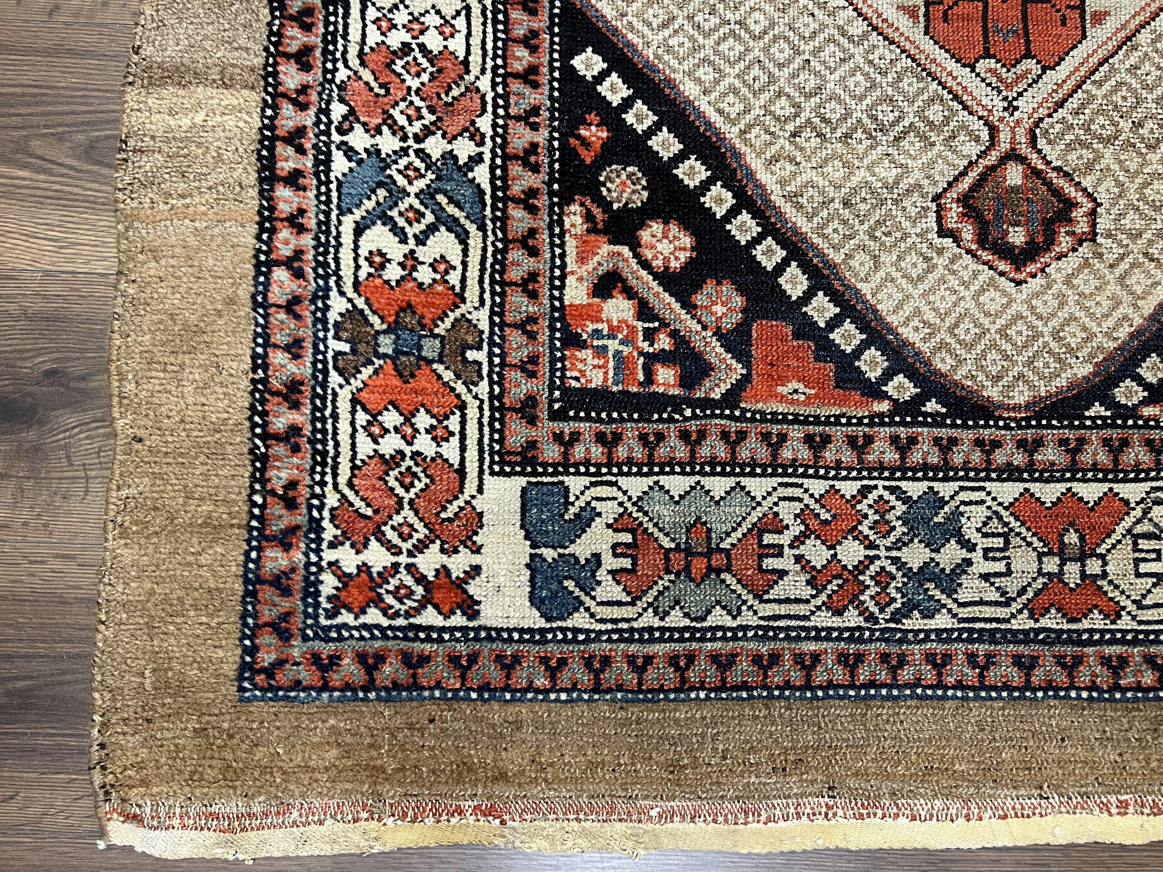 Rare Persian Tribal Runner Rug 4.5 x 10, Sarab Serab Kalegy Carpet, Antique 1920s Collectible Geometric Medallions Oriental Wool Runner, Hand Knotted, Camel Hair Color - Jewel Rugs