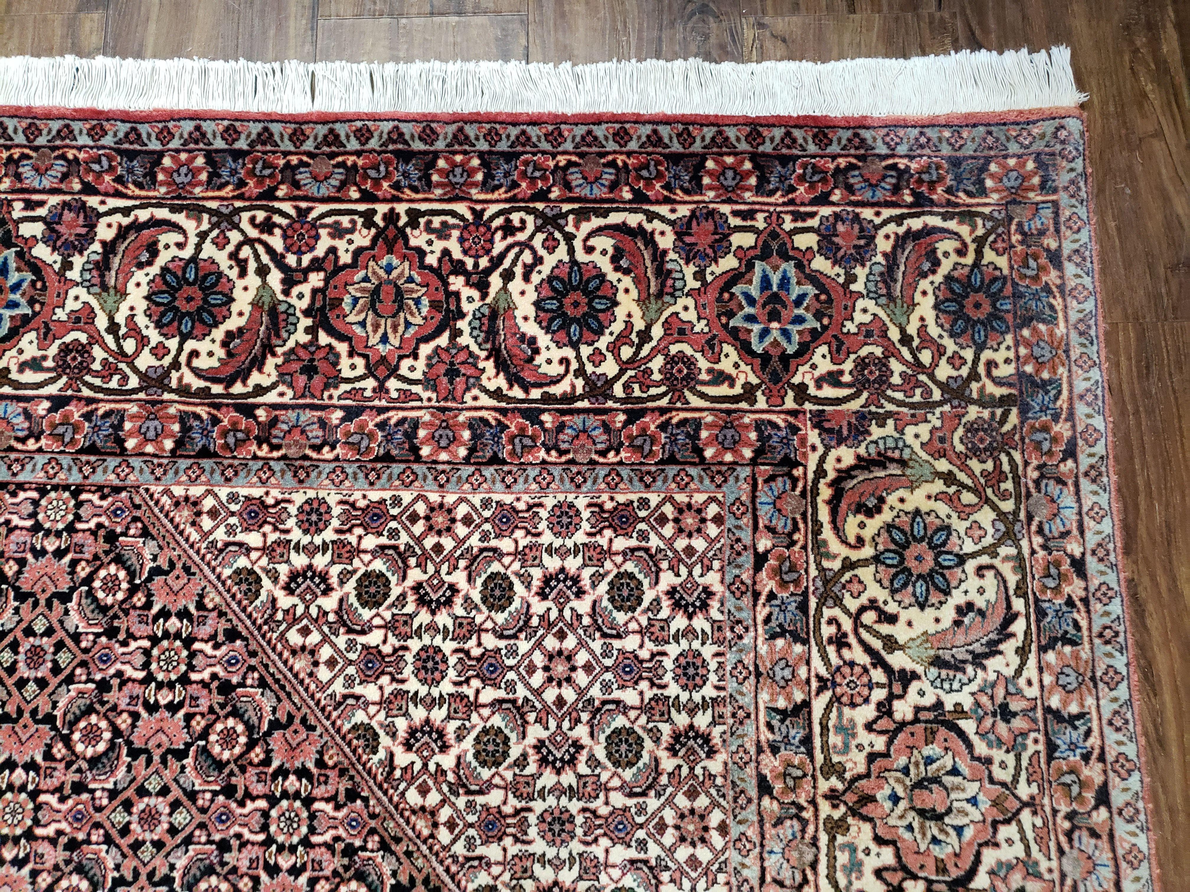 Stunning Persian Bidjar Rug 8x11 - Herati Mahi Pattern - High Quality Oriental Bijar Carpet - Vintage 8 x 11 Rug - Hand Knotted Wool Rug - Salmon Red Beige Black - Jewel Rugs