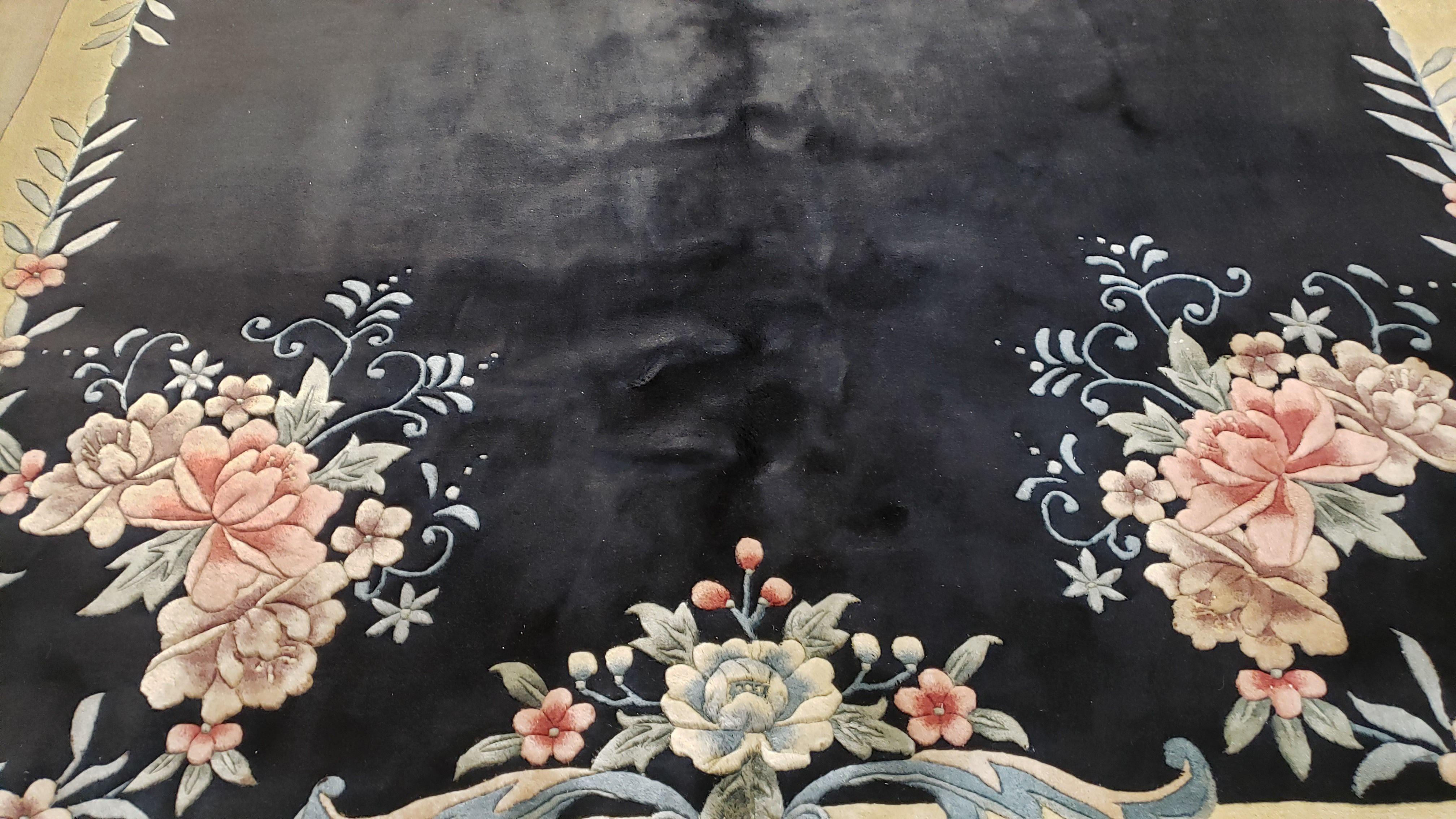 7' 9" x 8' 9" Black Chinese Rug Plush Pile Almost Square 8x9 Vintage Rug Wool Flower 120 Line Simple Traditional Chinese Carpet Minimalistic - Jewel Rugs