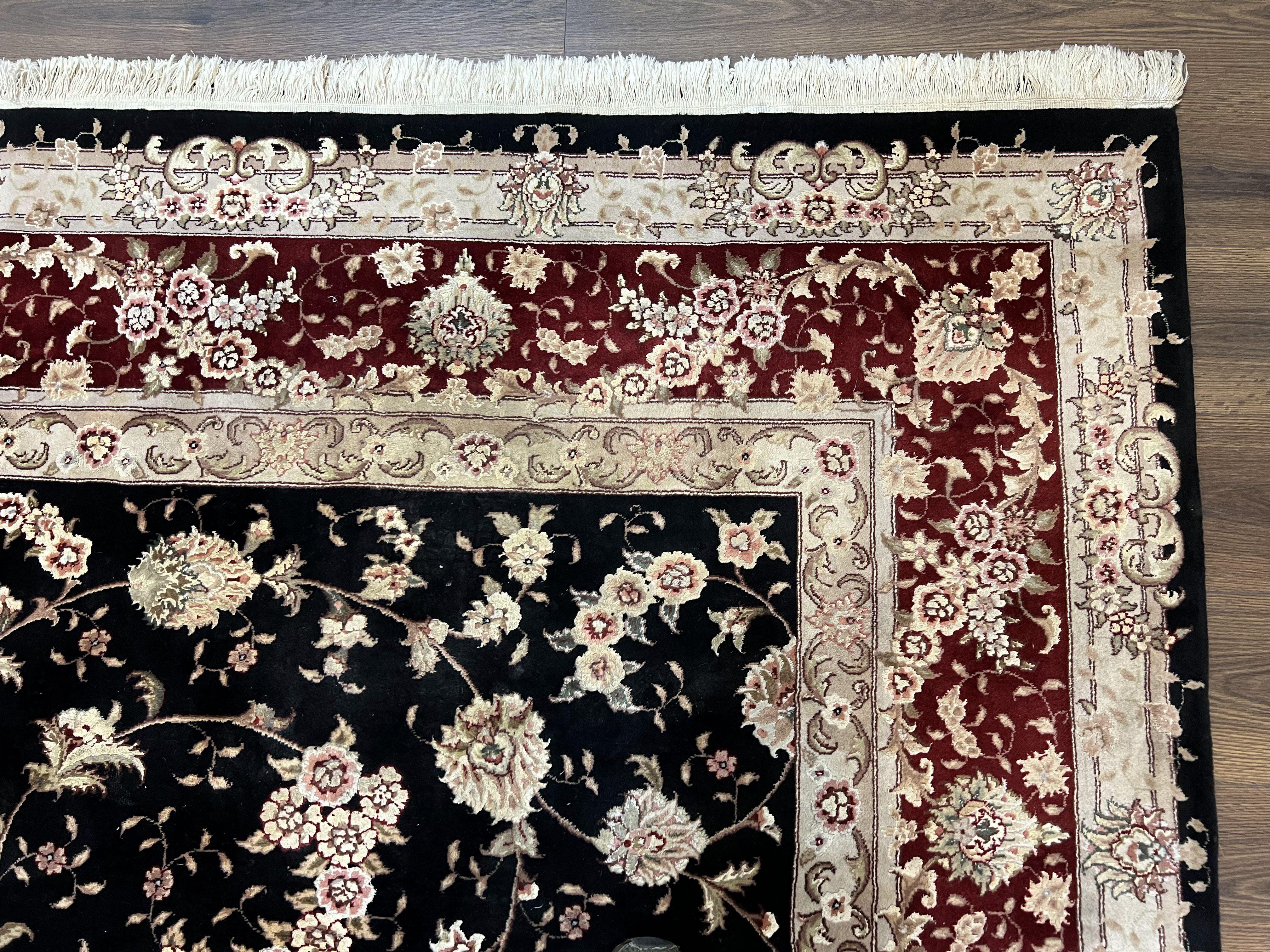 Sino Persian Rug 9x12, High Quality Oriental Carpet, Black and Maroon, Wool and Silk, Allover Floral Pattern, Hand Knotted, Vintage Rug Nice - Jewel Rugs