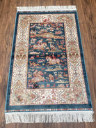 Hunting Scene Silk Rug, Small Silk Carpet, Hanging Wall Rug, Royal Blue & Cream, Horses, 80 x 125 cm, 2.5x4 Rug, 2' 8" x 4' 1" - Jewel Rugs