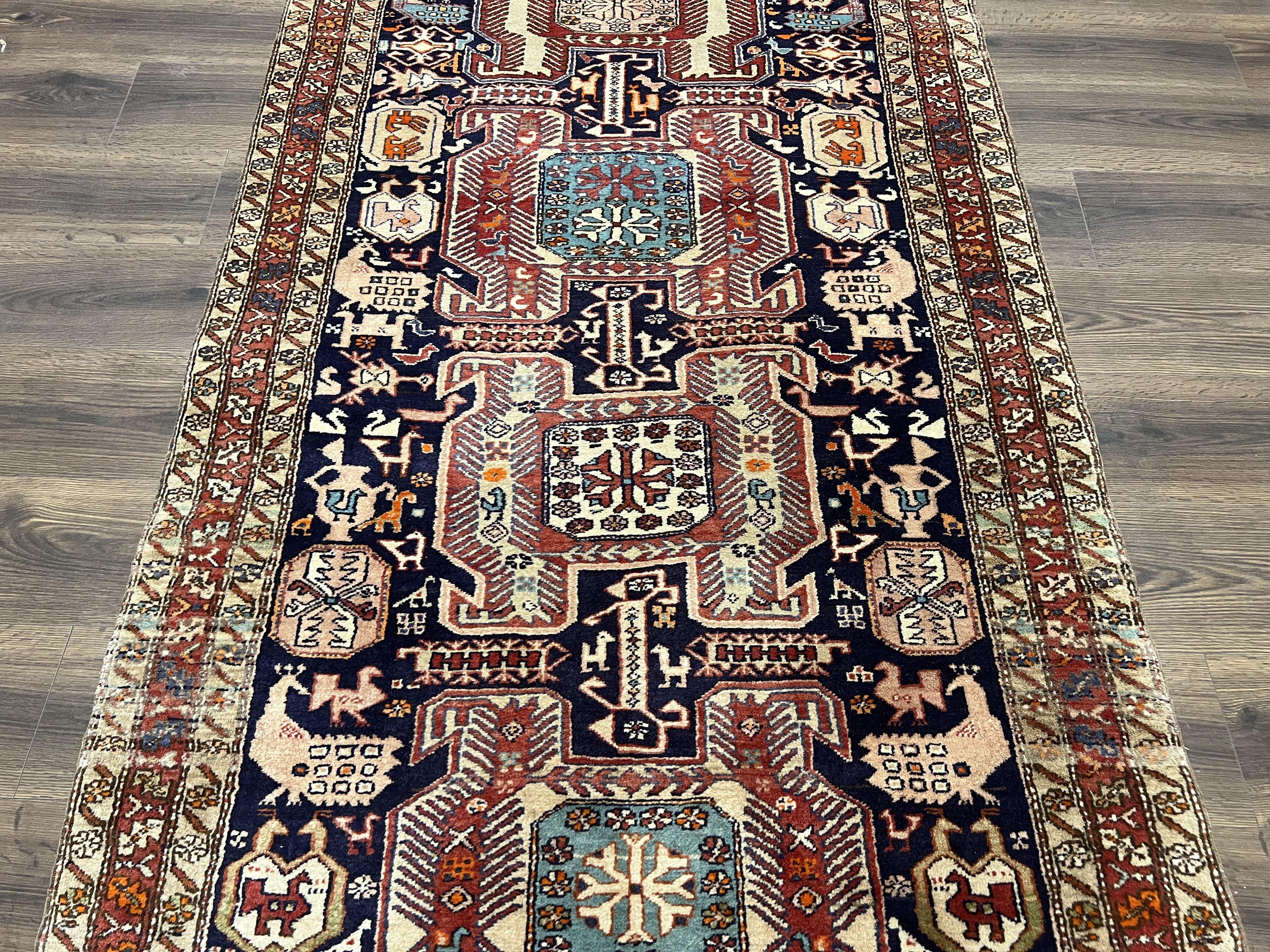 Unique Persian Tribal Runner Rug 4x10, Northwestern Persian Ardabil Runner, Birds Peacock Pictorials, Wool Antique Runner, Hand Knotted, Midnight Blue and Red - Jewel Rugs