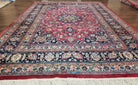 1950s Persian Mashad Rug 8' 3" x 11' 7", Room Sized Persian Carpet, Semi Antique, Medallion with Floral Allover Pattern, Red and Navy Blue Signature Master Weaver - Jewel Rugs