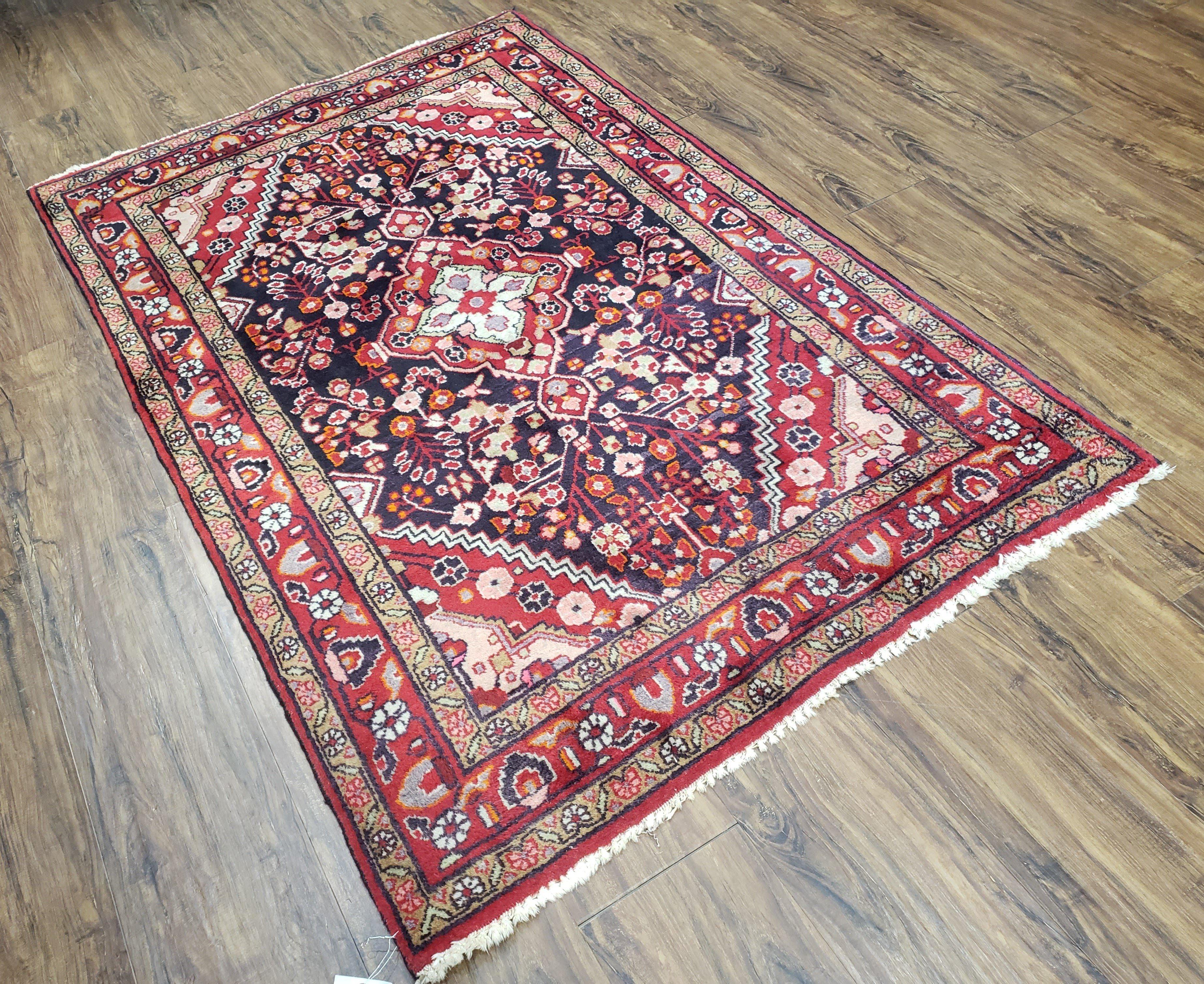 Antique Persian Bijar Medallion Area Rug 3.6 x 5.5, Wool Handmade, Red Floral Carpet - Jewel Rugs