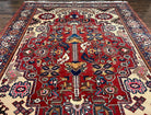 Antique Persian Heriz Rug 8x12 ft, Geometric Tribal Room Sized Carpet, Camel Hair Red Navy Blue, Wool Hand Knotted Medallion Oriental Carpet - Jewel Rugs