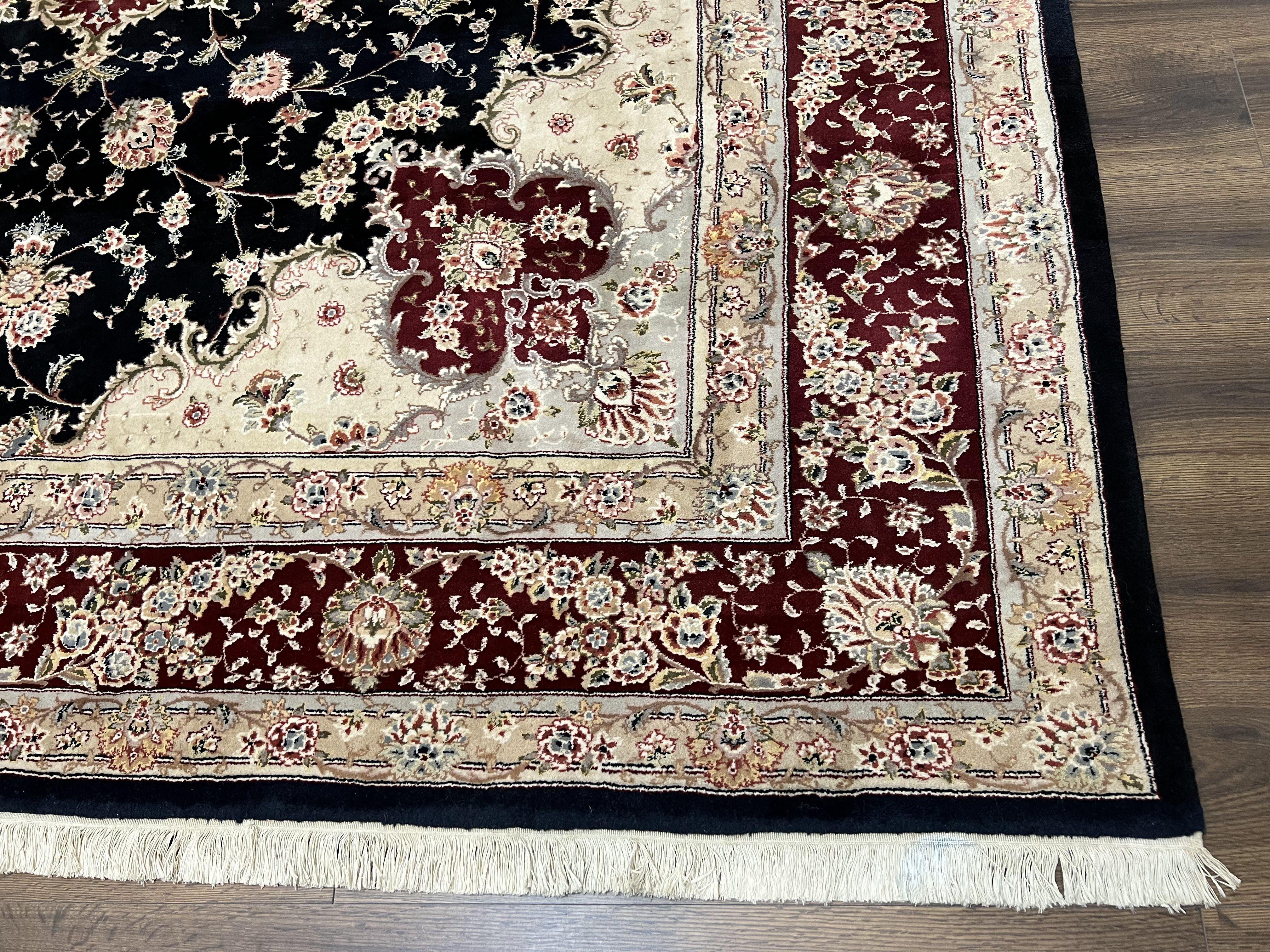 Pak Persian Rug 8.8 x 10.6, Floral Medallion, Wool and Silk Hand Knotted Fine Oriental Carpet, Elegant Rug, Black Gray Burgundy, Room Sized - Jewel Rugs