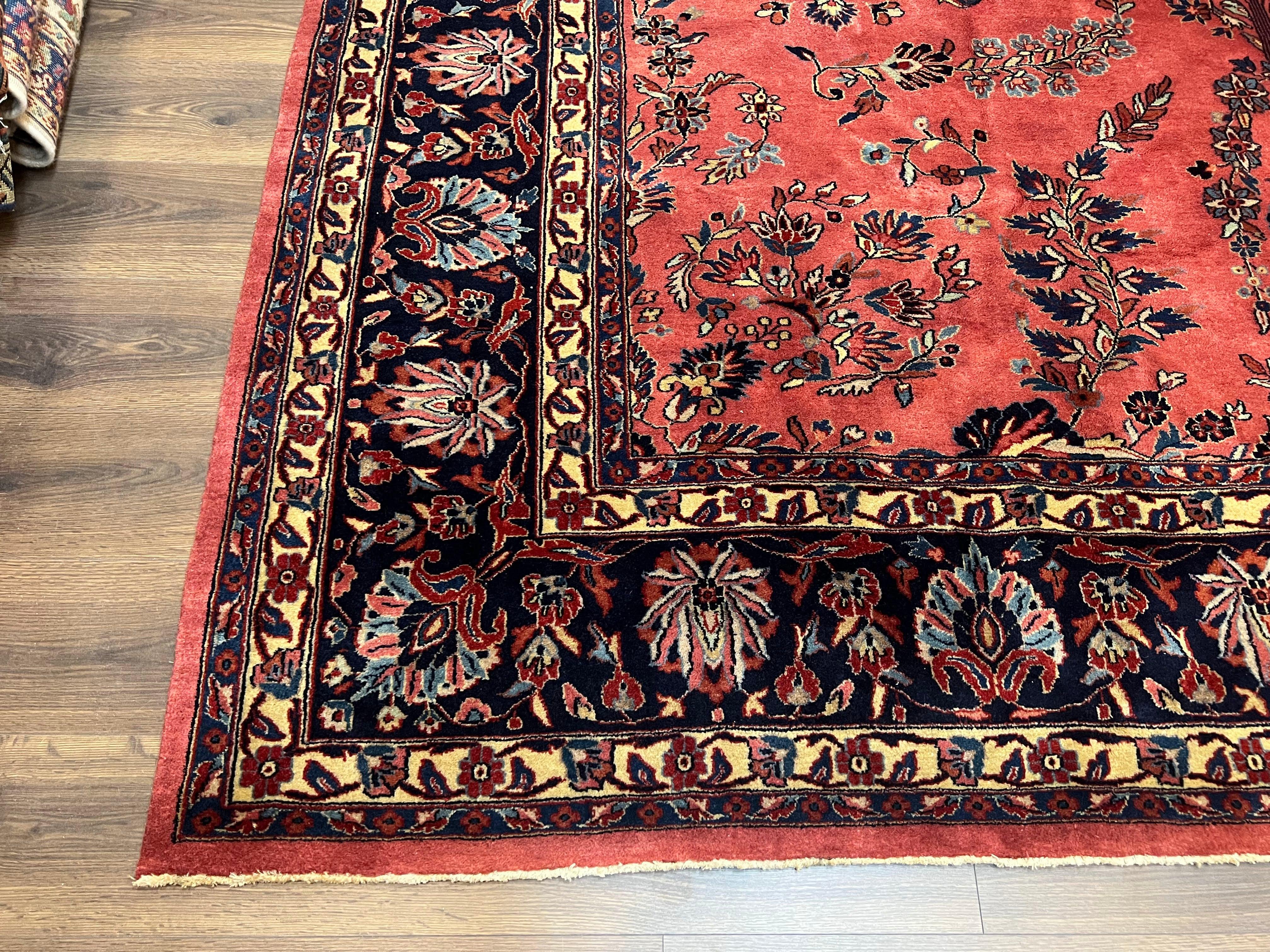 Indo Sarouk Rug 10x14, Vintage Indian Persian Area Rug 10 x 14, Wool Hand-Knotted Oriental Carpet, Red Floral Allover Large Rug, Beautiful - Jewel Rugs