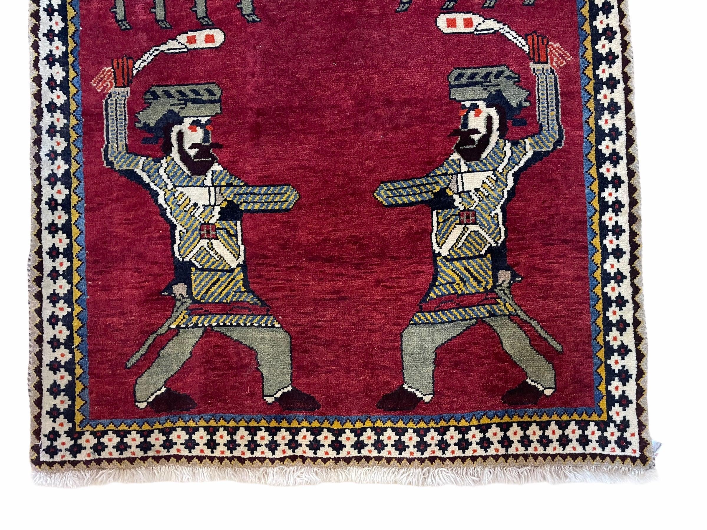 3 X 6 Handmade Wool Rug Tribal Balouch Warriors Deer Animal Pictorial Red Swords - Jewel Rugs