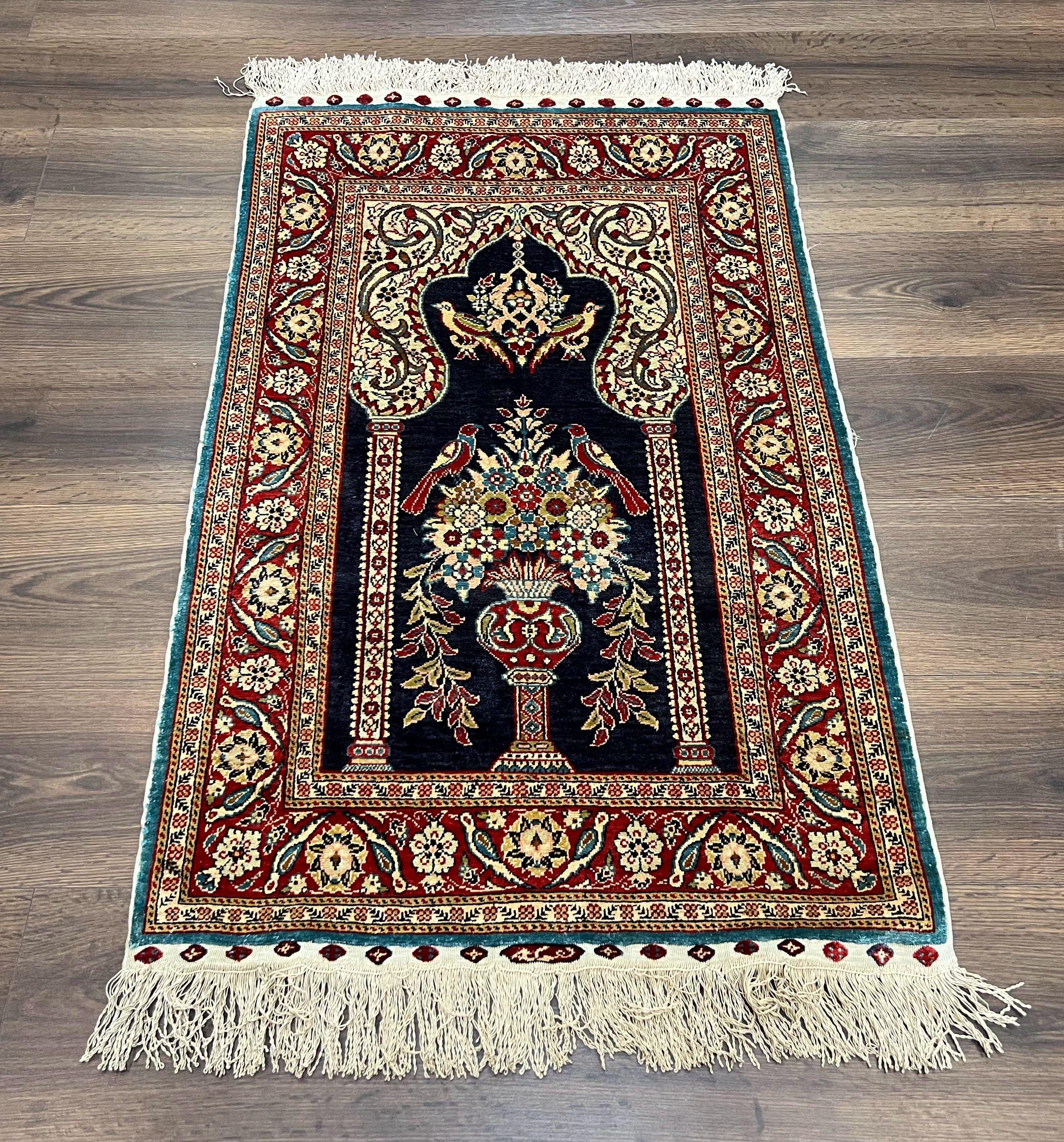 Silk Turkish Hereke Prayer Rug 2.3 x 3.7, Hand Knotted Fine Hereke Carpet, Signature from Master Weave, Flowers Vase Birds Prayer Arch, Nice - Jewel Rugs