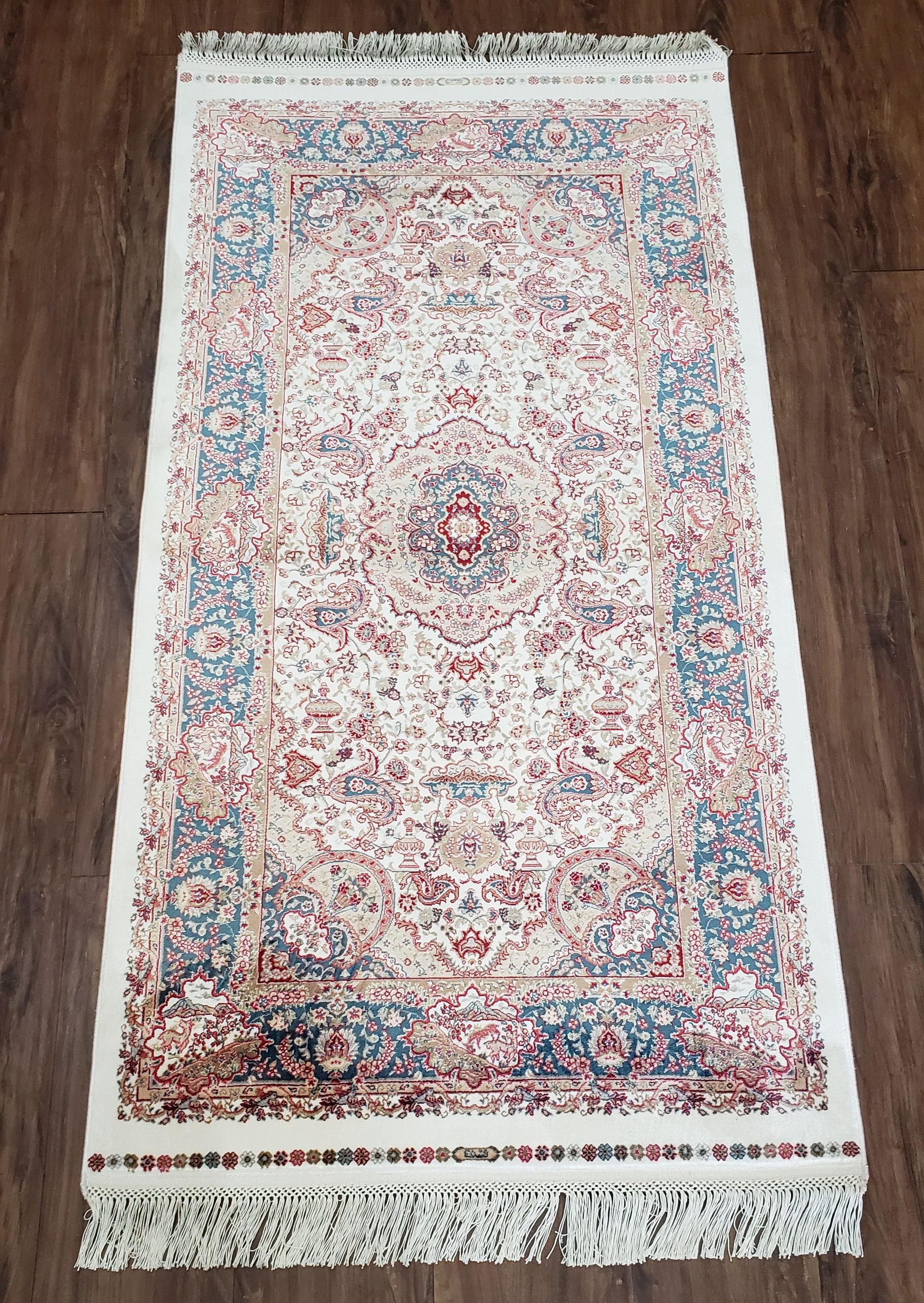 Blue & Ivory Silk Carpet, New Turkish Rug 3x5, Bamboo Silk, Medallion Rug, Fine Accent Rug, Soft, 2' 8" x 4' 11" - Jewel Rugs