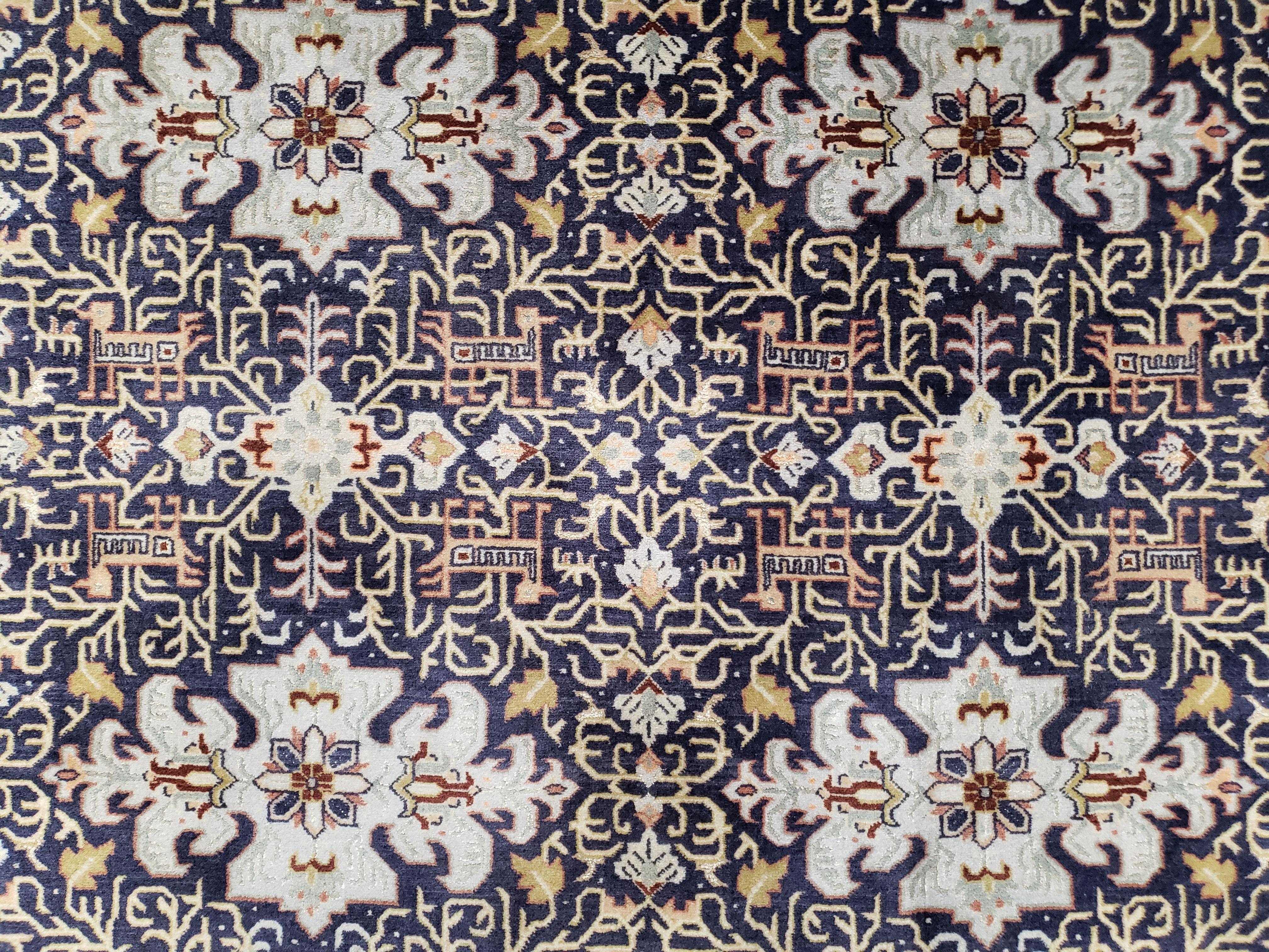 Semi-Antique Persian Kashan Rug, Midnight Blue & Ivory, Hand-Knotted, Wool, 4' 8" x 7' 4", Pair A - Jewel Rugs