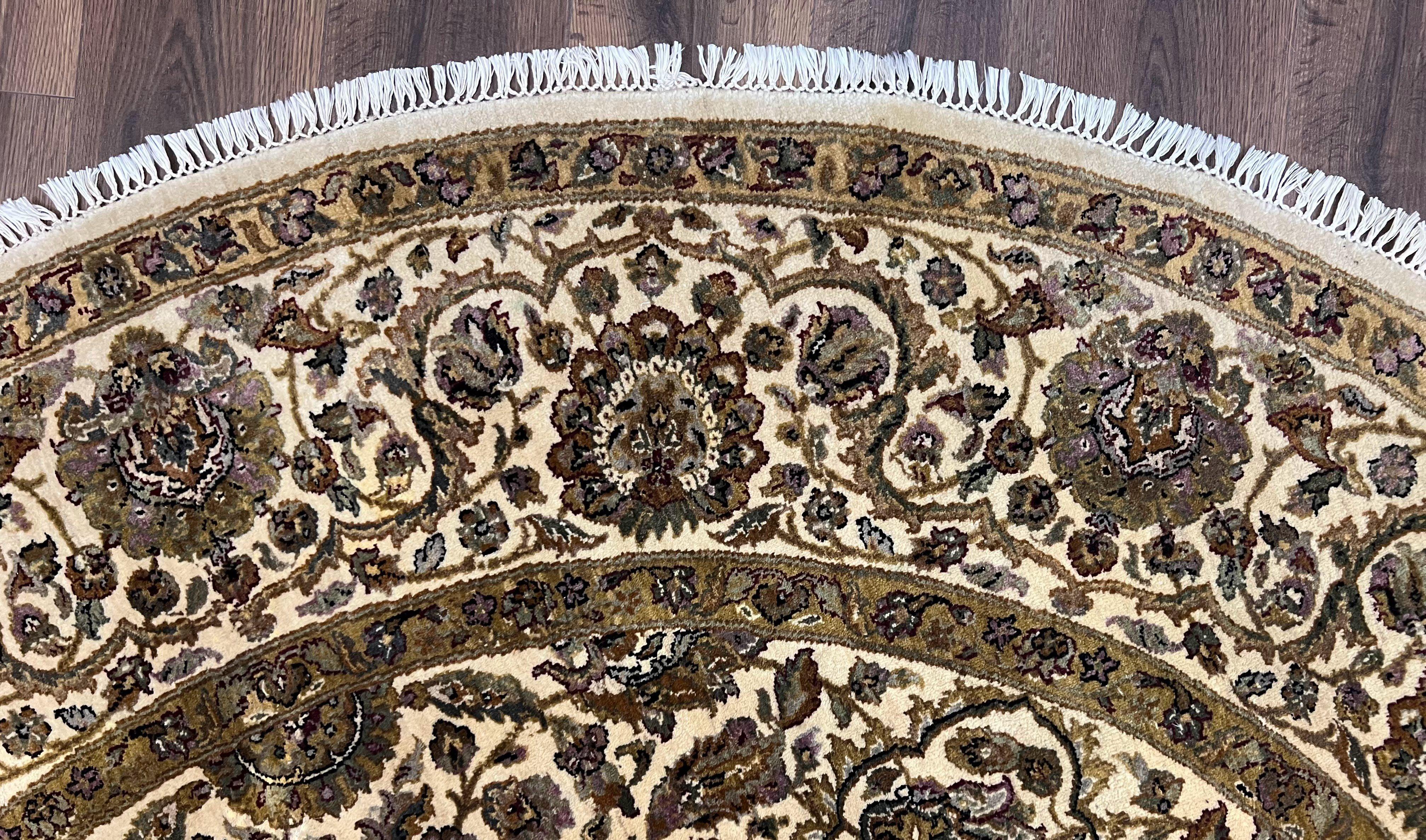 Round Indo Persian Rug 8x8 ft, Large Hand Knotted Vintage Wool Circular Carpet, 8ft Round Oriental Rug, Floral Medallion, Cream and Green - Jewel Rugs