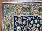 Semi Antique Persian Qum Tree of Life Rug, Hand-Knotted, Wool, Midnight Blue and Tan, Animal Pictorials, Written Poem in Borders, 4' 8" x 7' 8" - Jewel Rugs