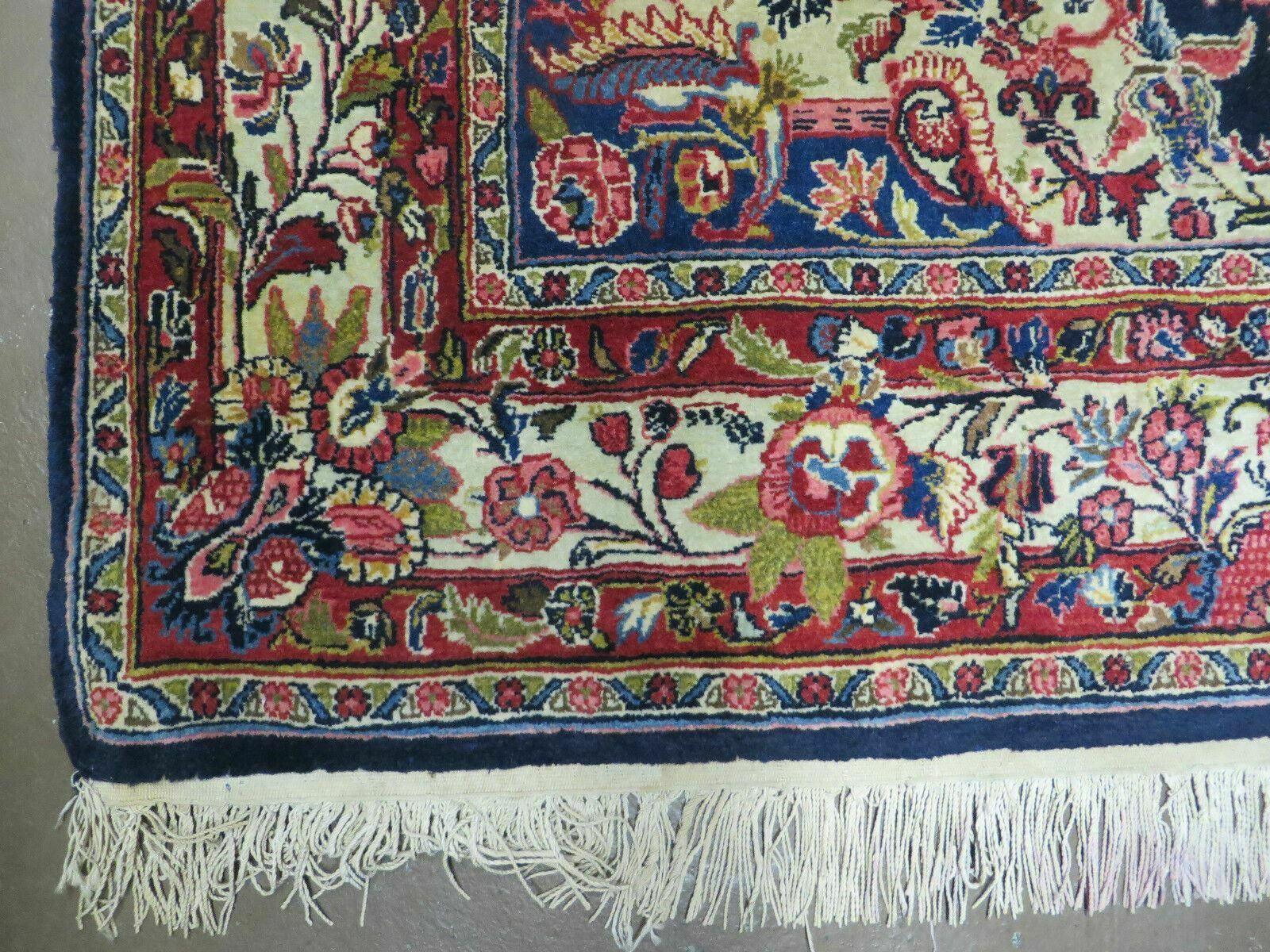 Persian Sarouk Rug 4x7, Hand Knotted Oriental Carpet 4 x 7 ft, Dark Blue Cream Red Floral Wool Rug, Semi Antique 1950s Persian Area Rug, Handmade - Jewel Rugs